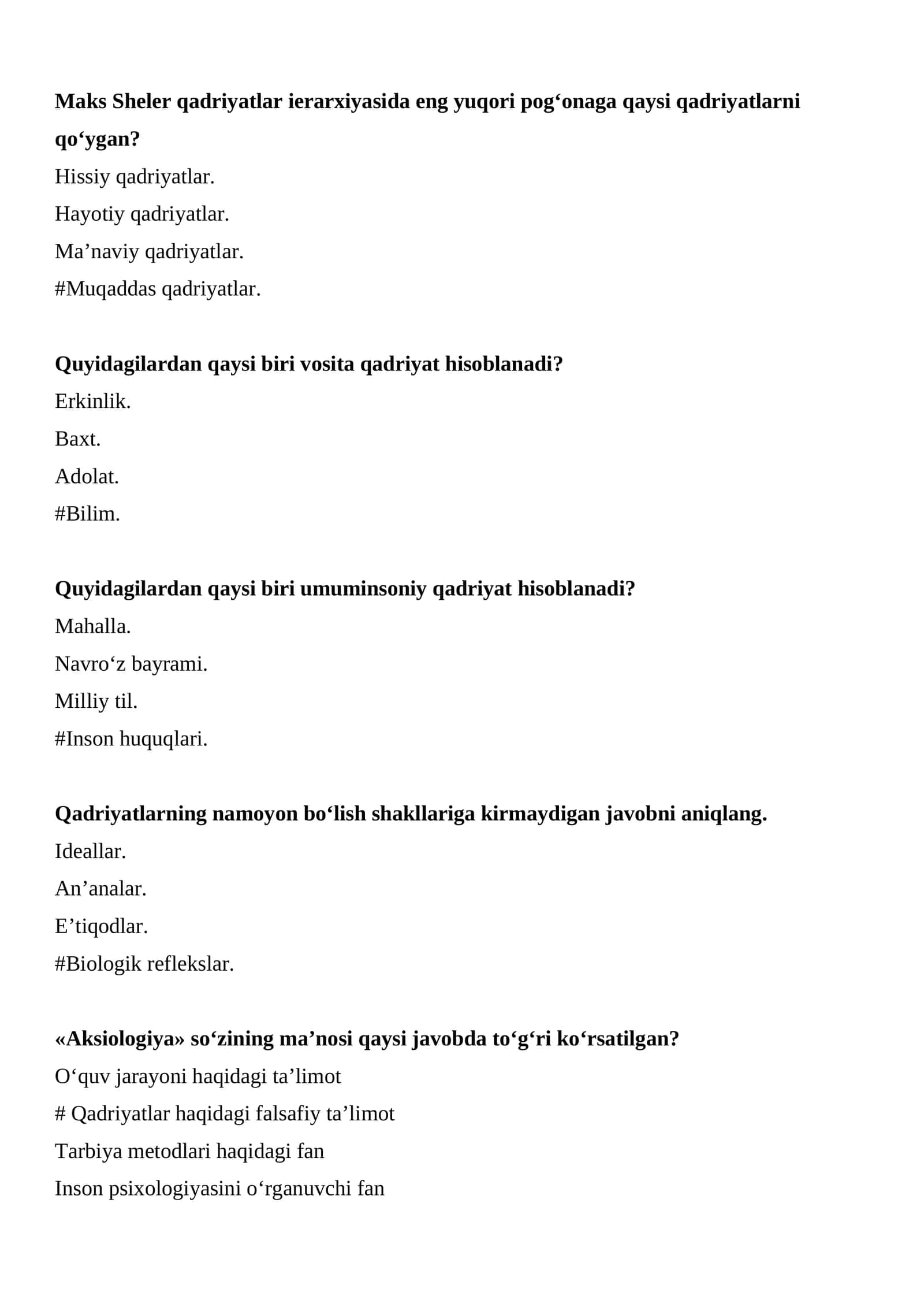 AKSIOLOGIYADAN TESTLAR (JAVOBLARI BILAN)