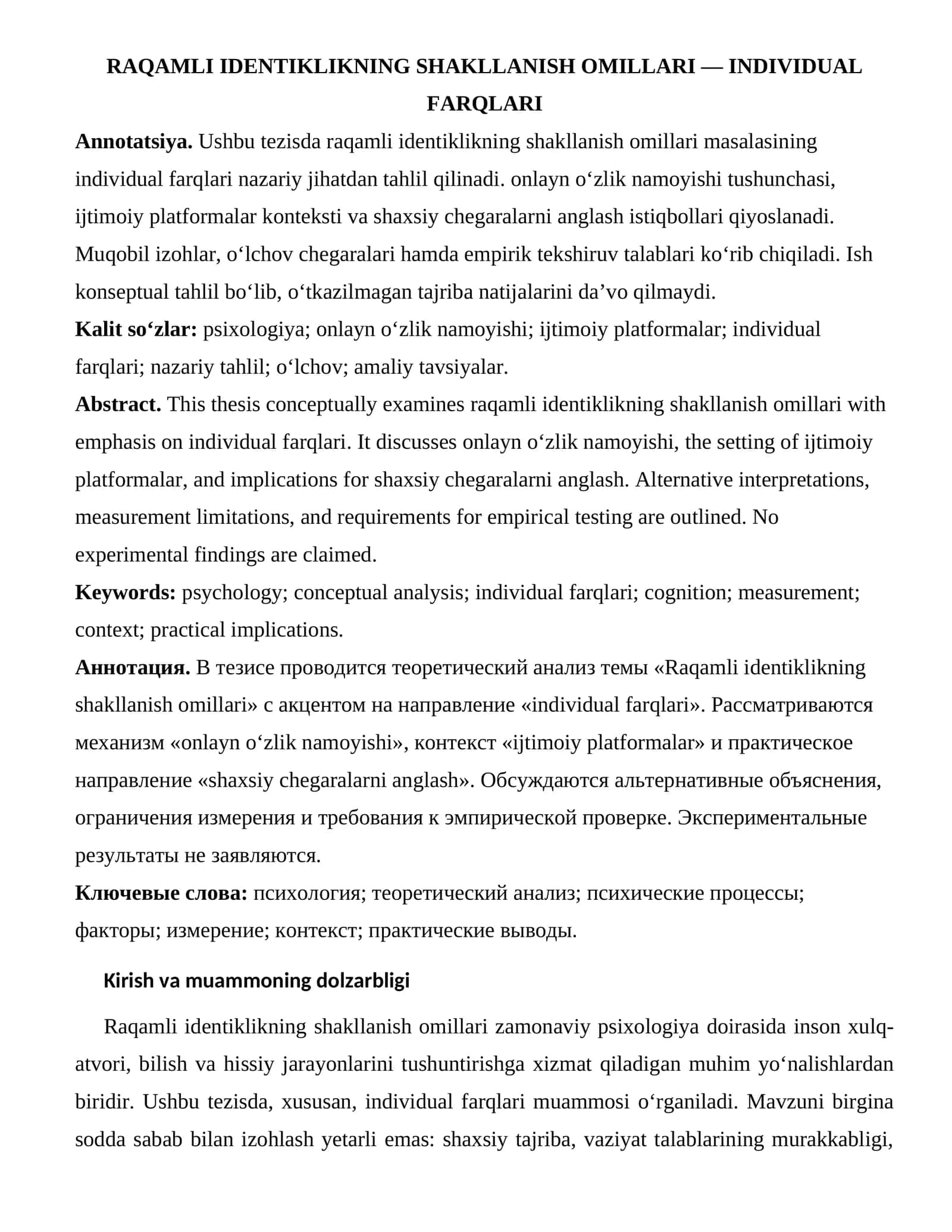 RAQAMLI IDENTIKLIKNING SHAKLLANISH OMILLARI — INDIVIDUAL FARQLARI