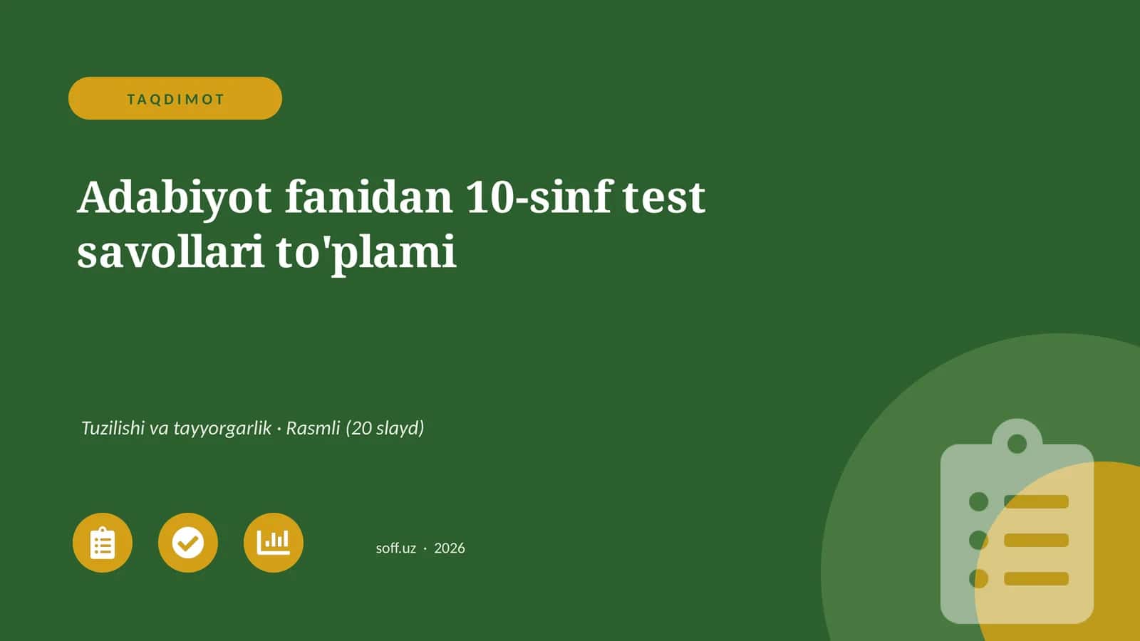 Adabiyot fanidan 10-sinf test savollari to'plami