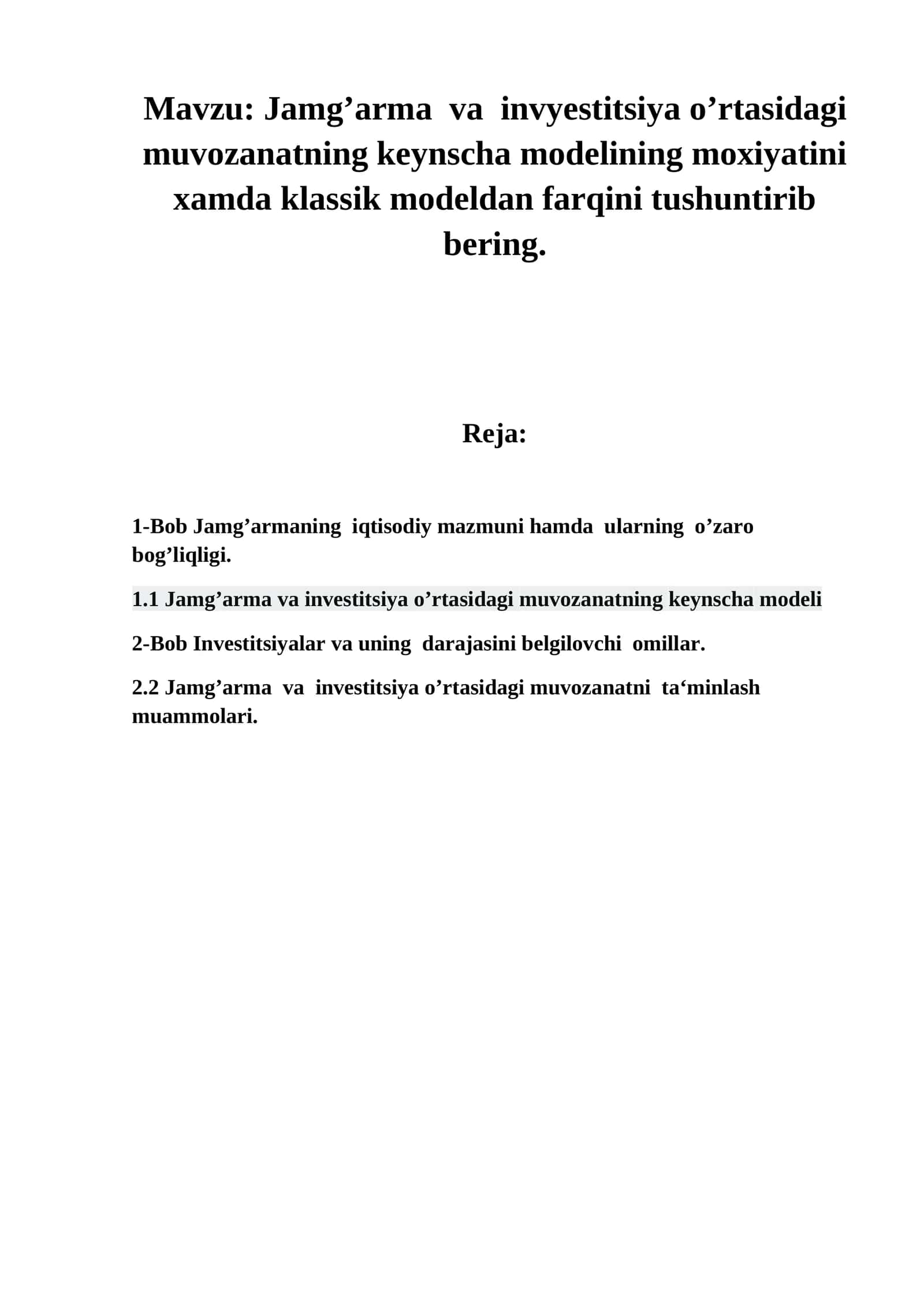 Jamg’arma va invyestitsiya o’rtasidagi muvozanatning keynscha modeli