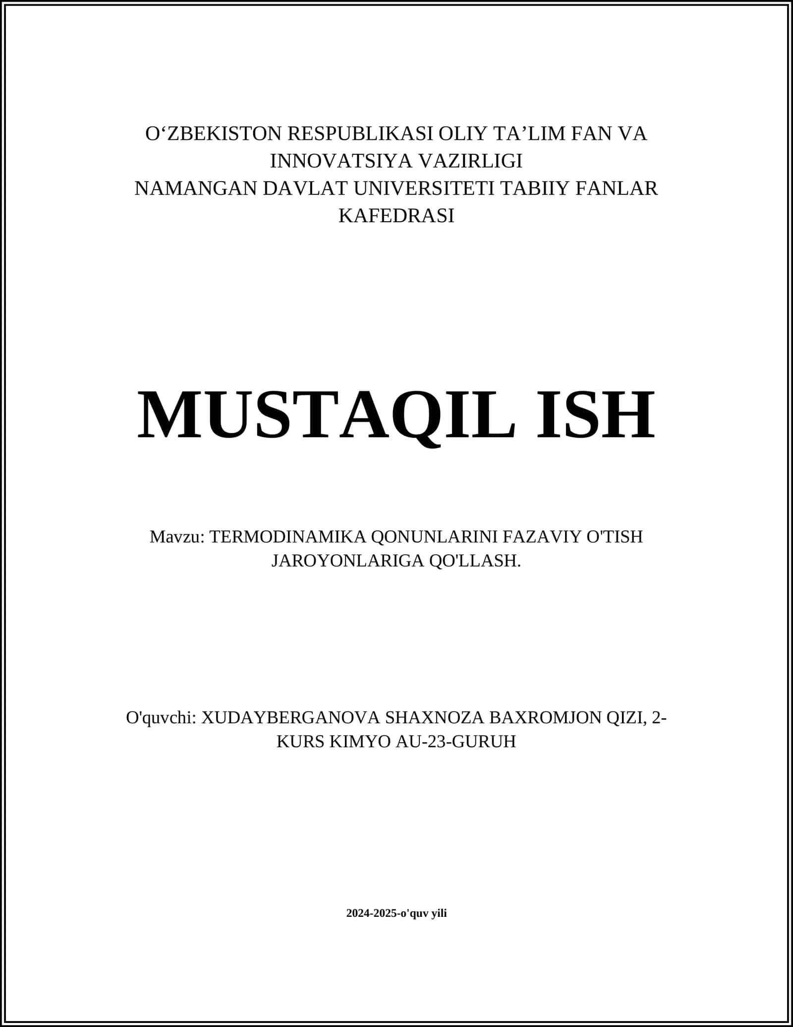 TERMODINAMIKA QONUNLARINI FAZAVIY O'TISH JAROYONLARIGA QO'LLASH