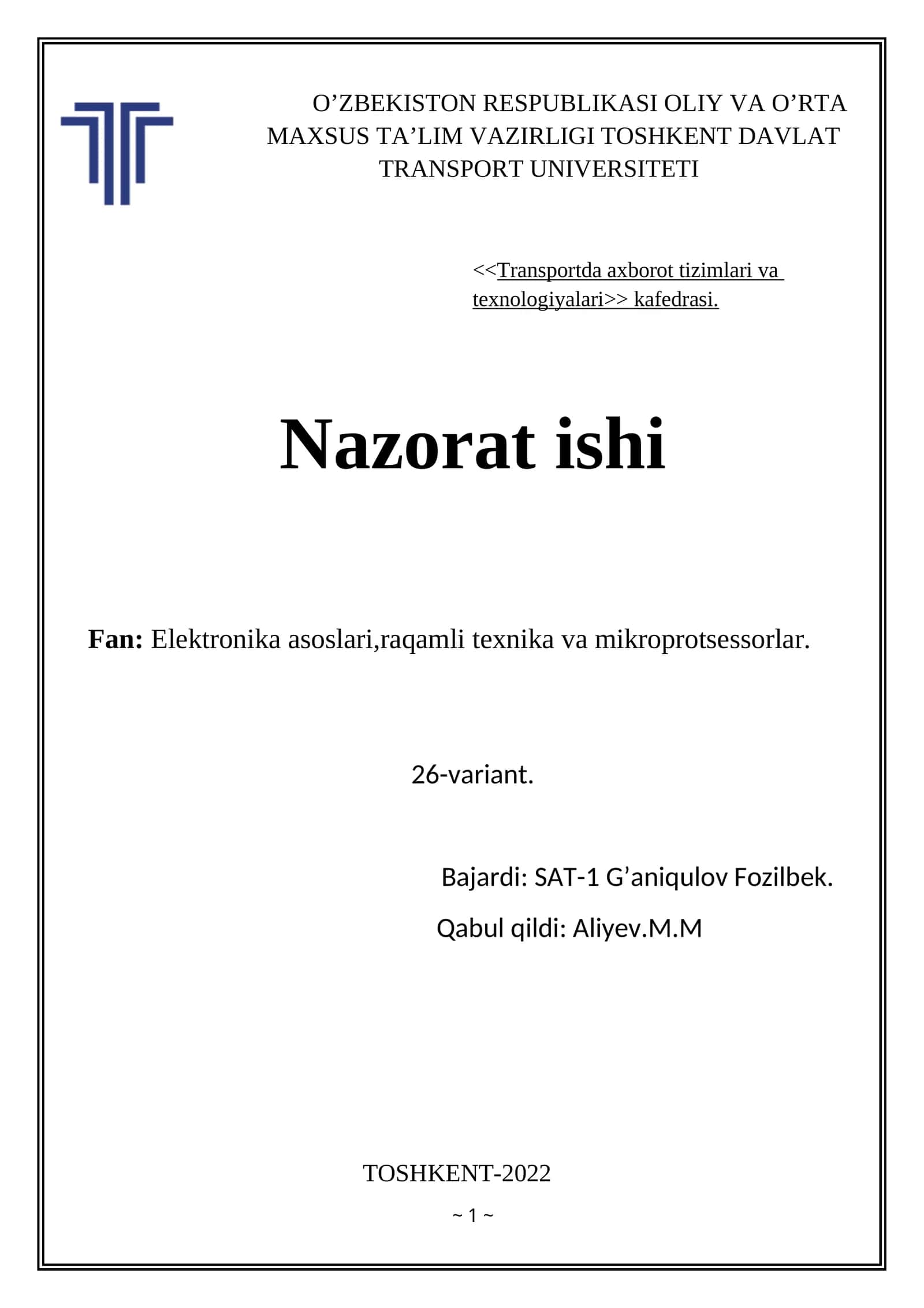 Transportda axborot tizimlari va texnologiyalari kafedrasi