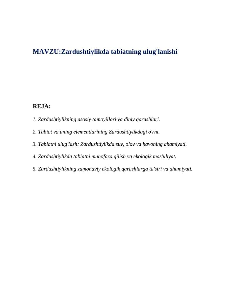 Zardushtiylikda tabiatning ulug'lanishi