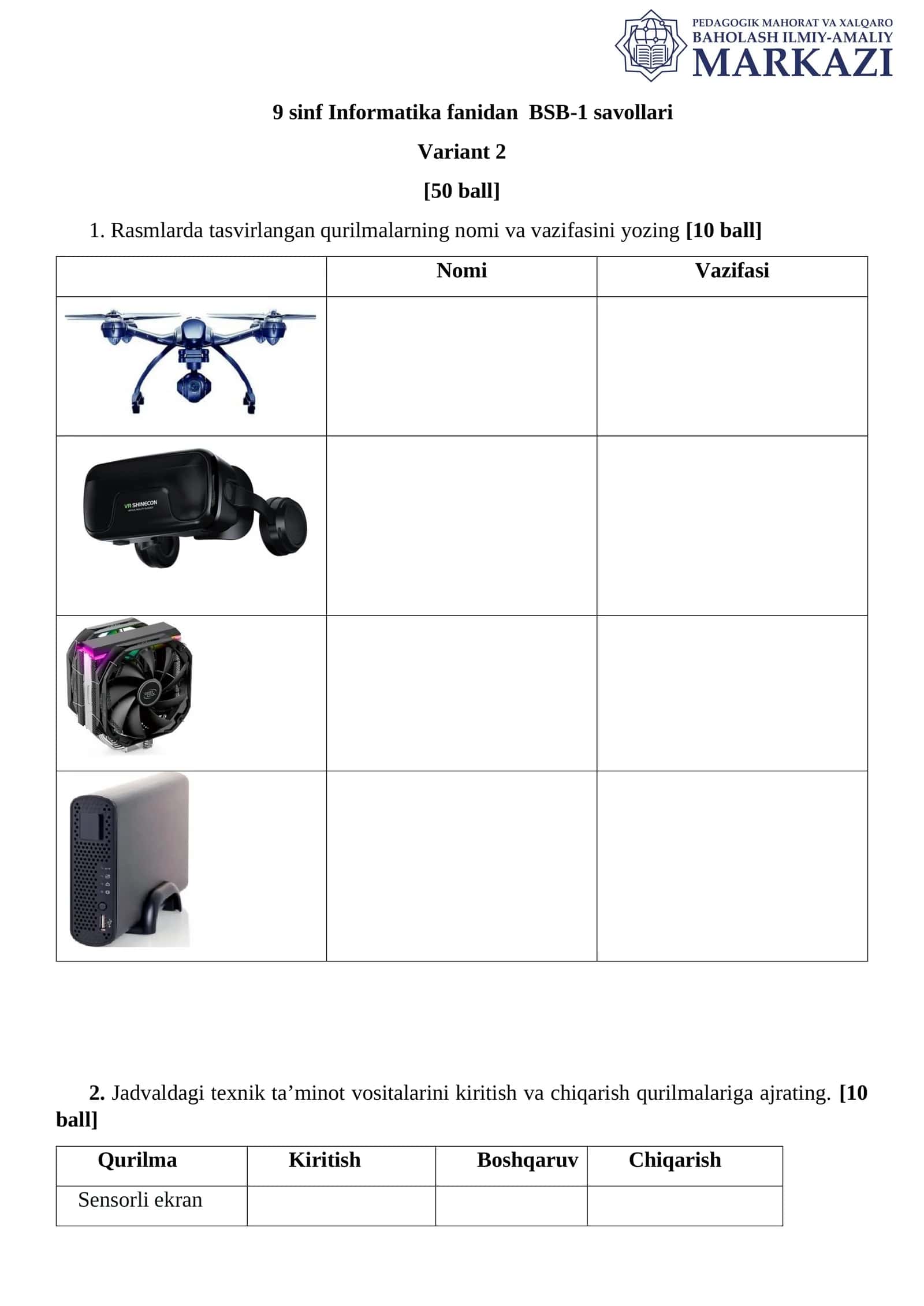 9 sinf Informatika fanidan BSB-1 savollari Variant 2