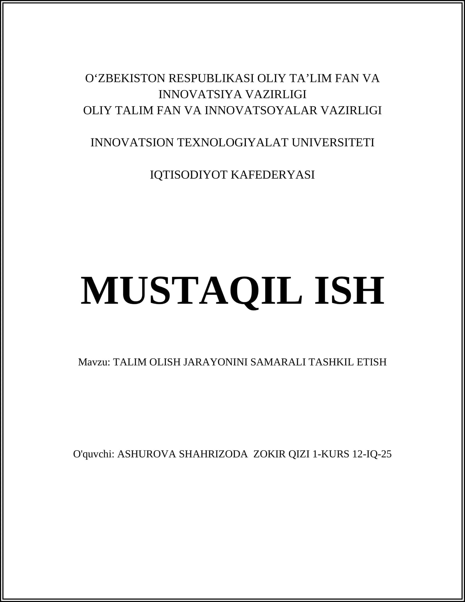 TALIM OLISH JARAYONINI SAMARALI TASHKIL ETISH