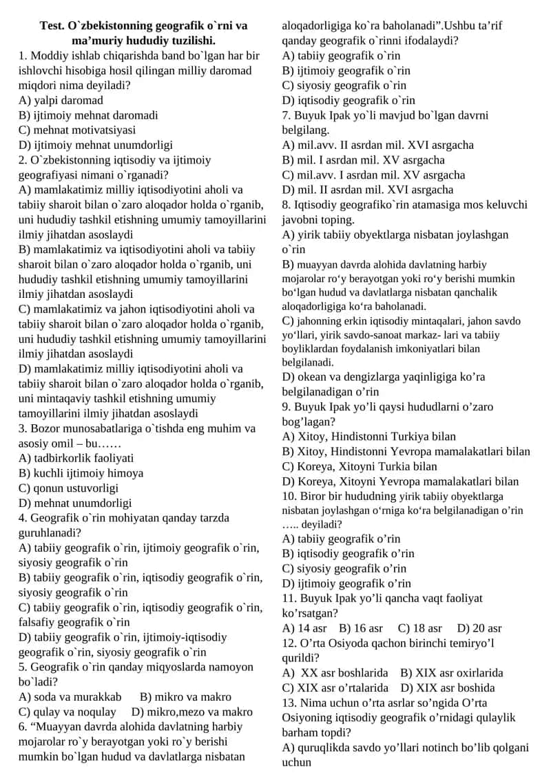 O`zbekistonning geografik o`rni va ma’muriy hududiy tuzilishi