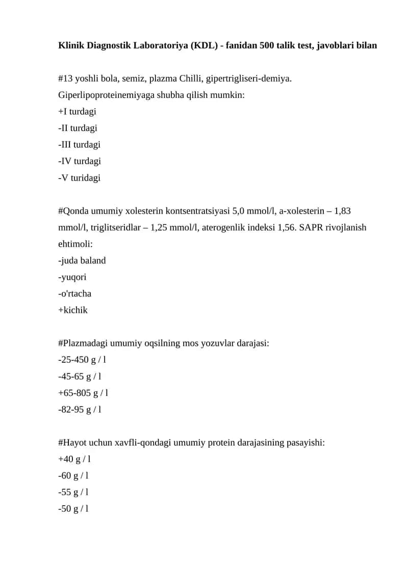 Klinik Diagnostik Laboratoriya (KDL) fanidan 500 talik test