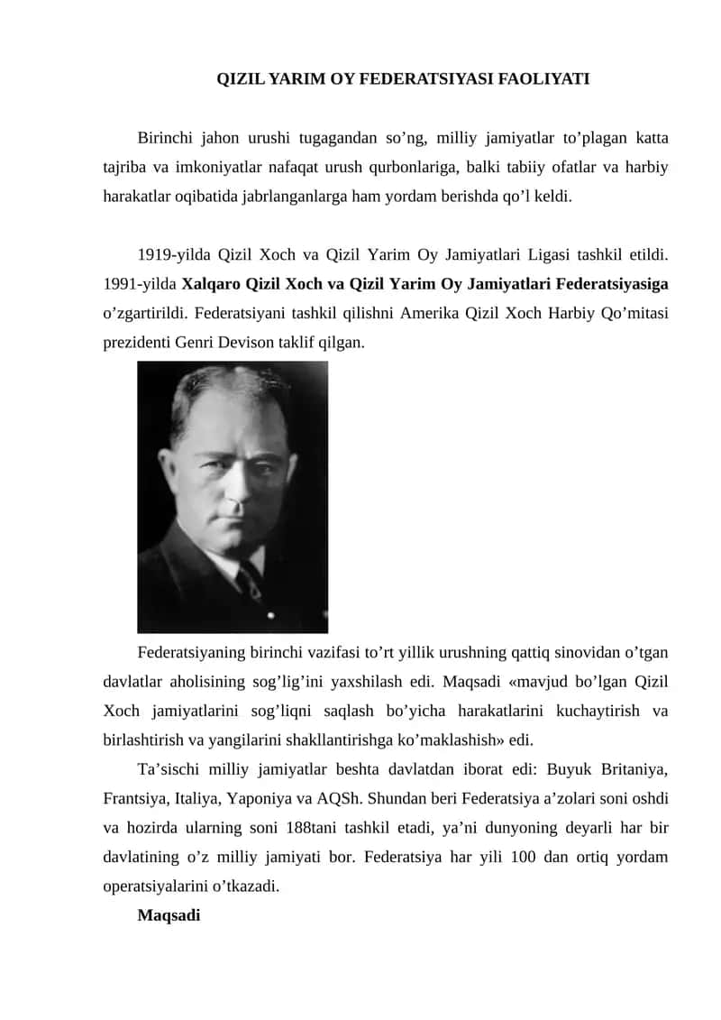 QIZIL YARIM OY FEDERATSIYASI FAOLIYATI