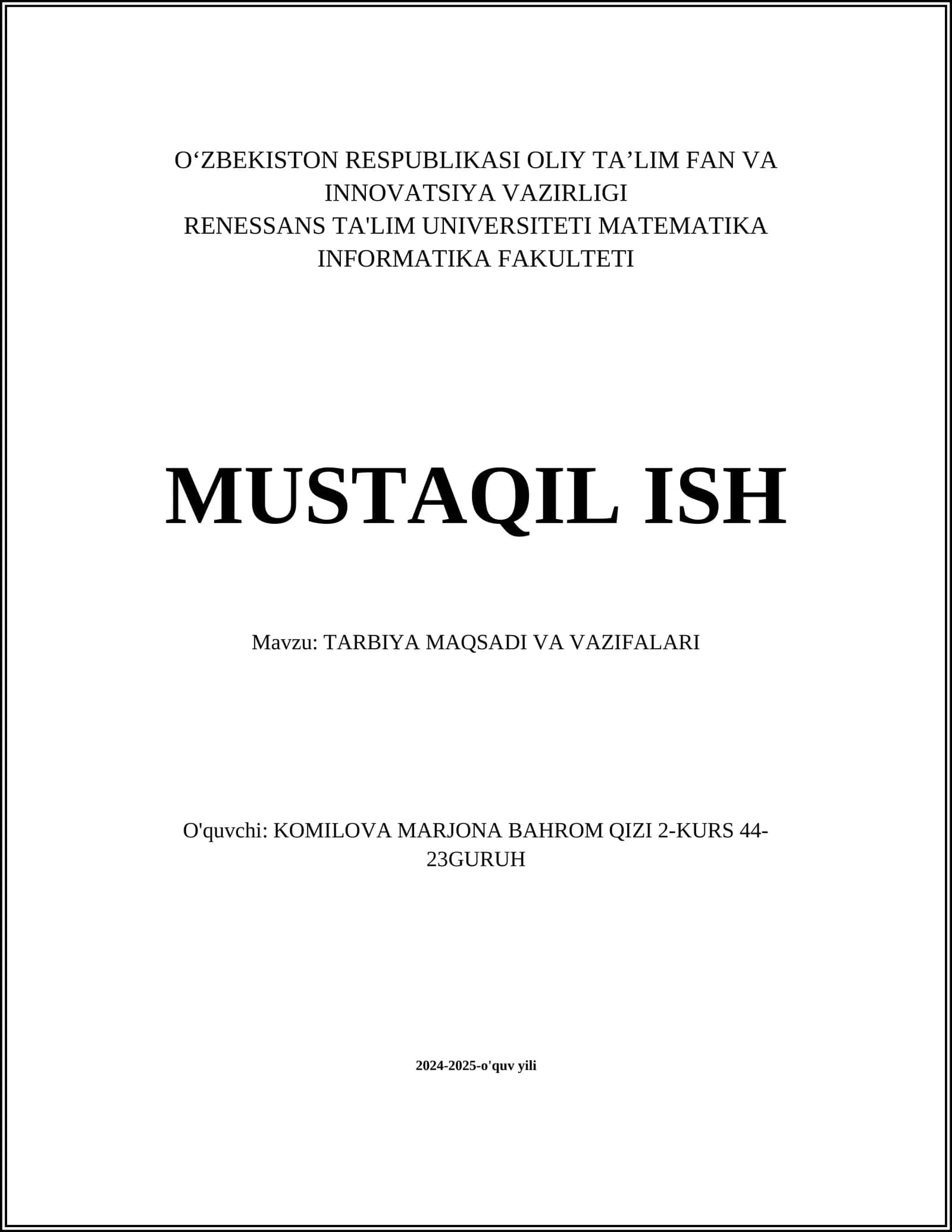 TARBIYA MAQSADI VA VAZIFALARI