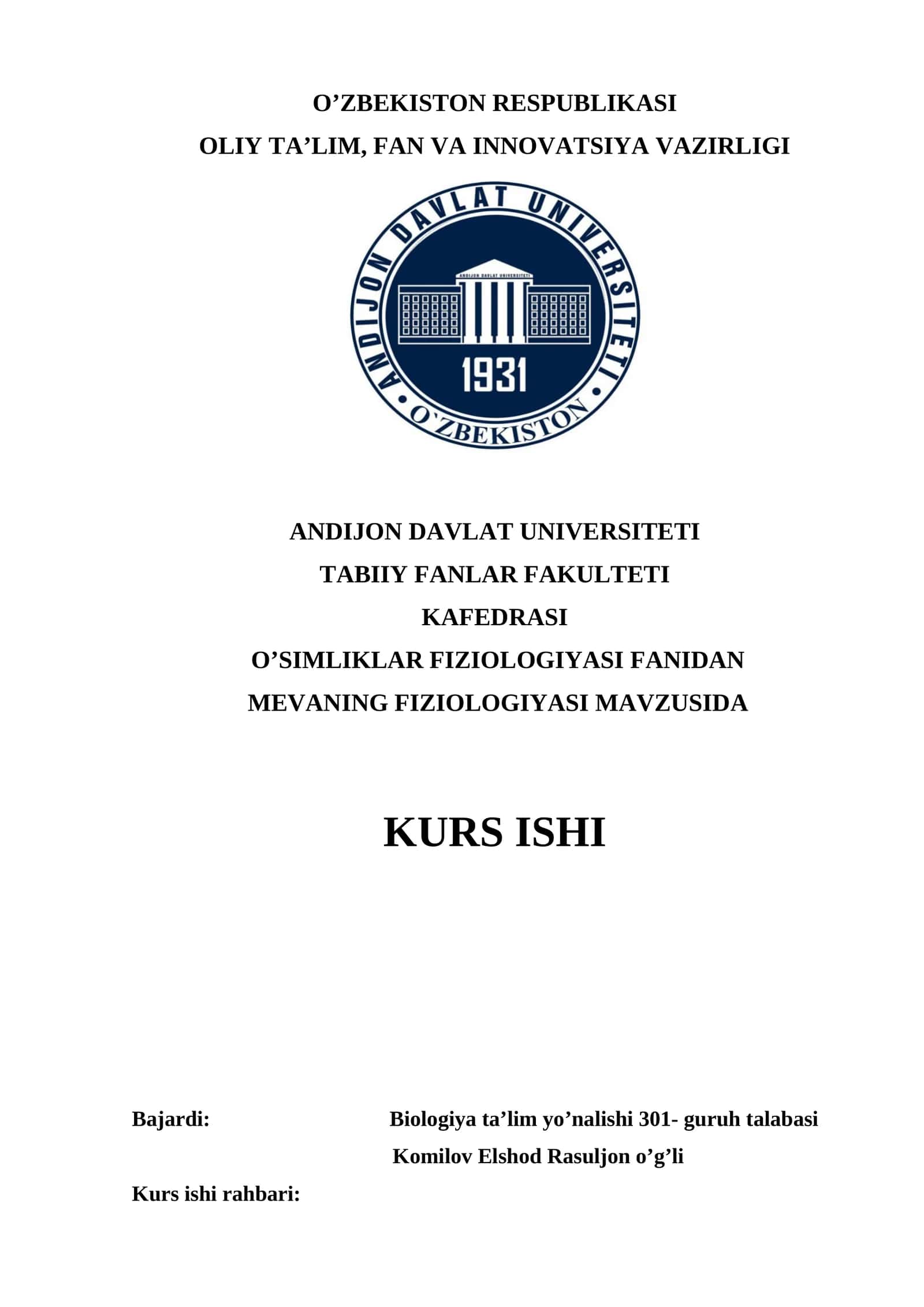 MEVANING FIZIOLOGIYASI MAVZUSIDA KURS ISHI