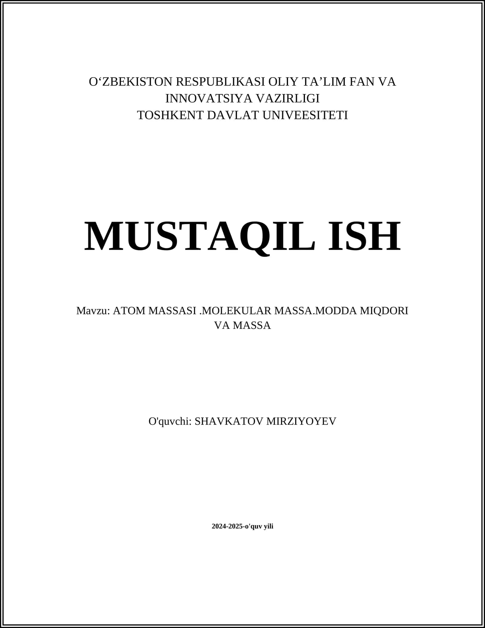 ATOM MASSASI.MOLEKULAR MASSA.MODDA MIQDORI VA MASSA