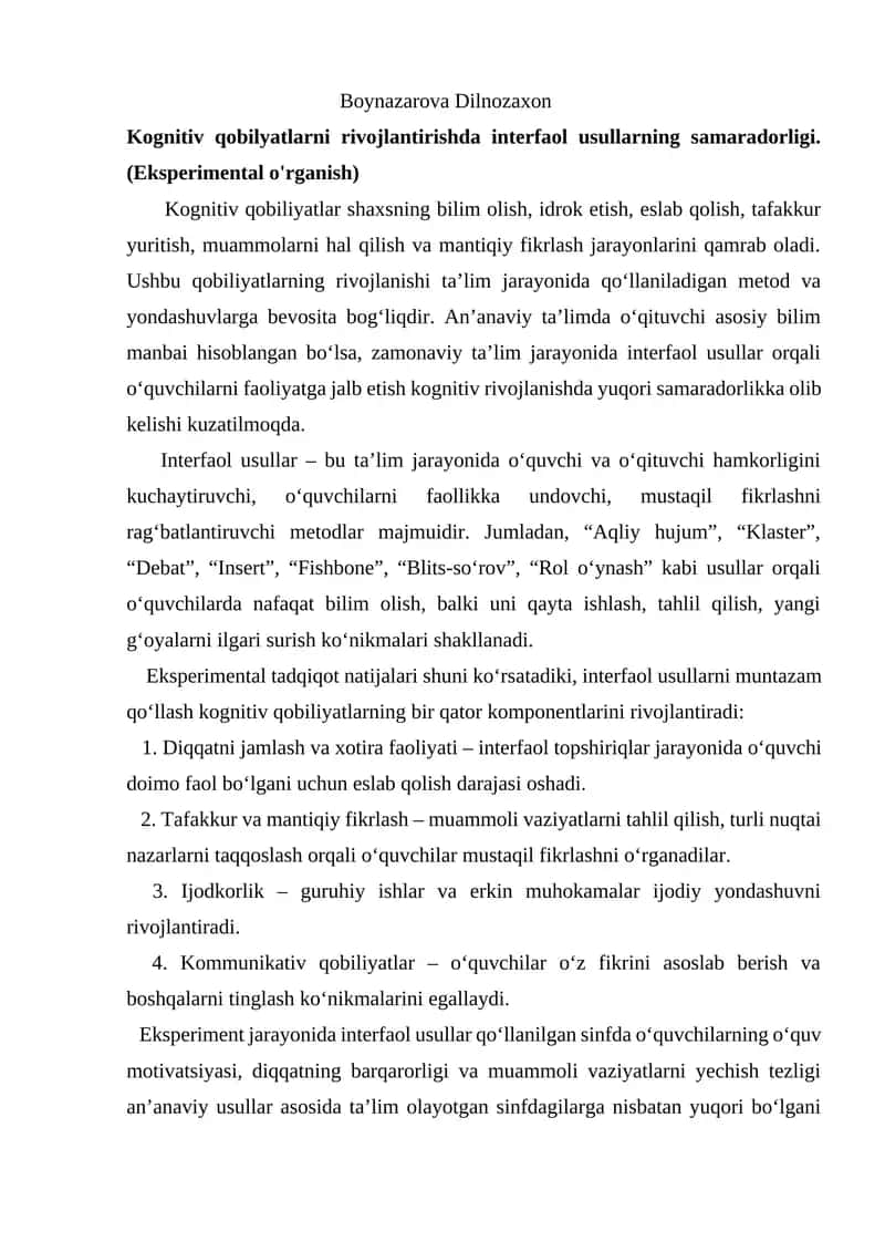 Kognitiv qobilyatlarni rivojlantirishda interfaol usullarning samaradorligi