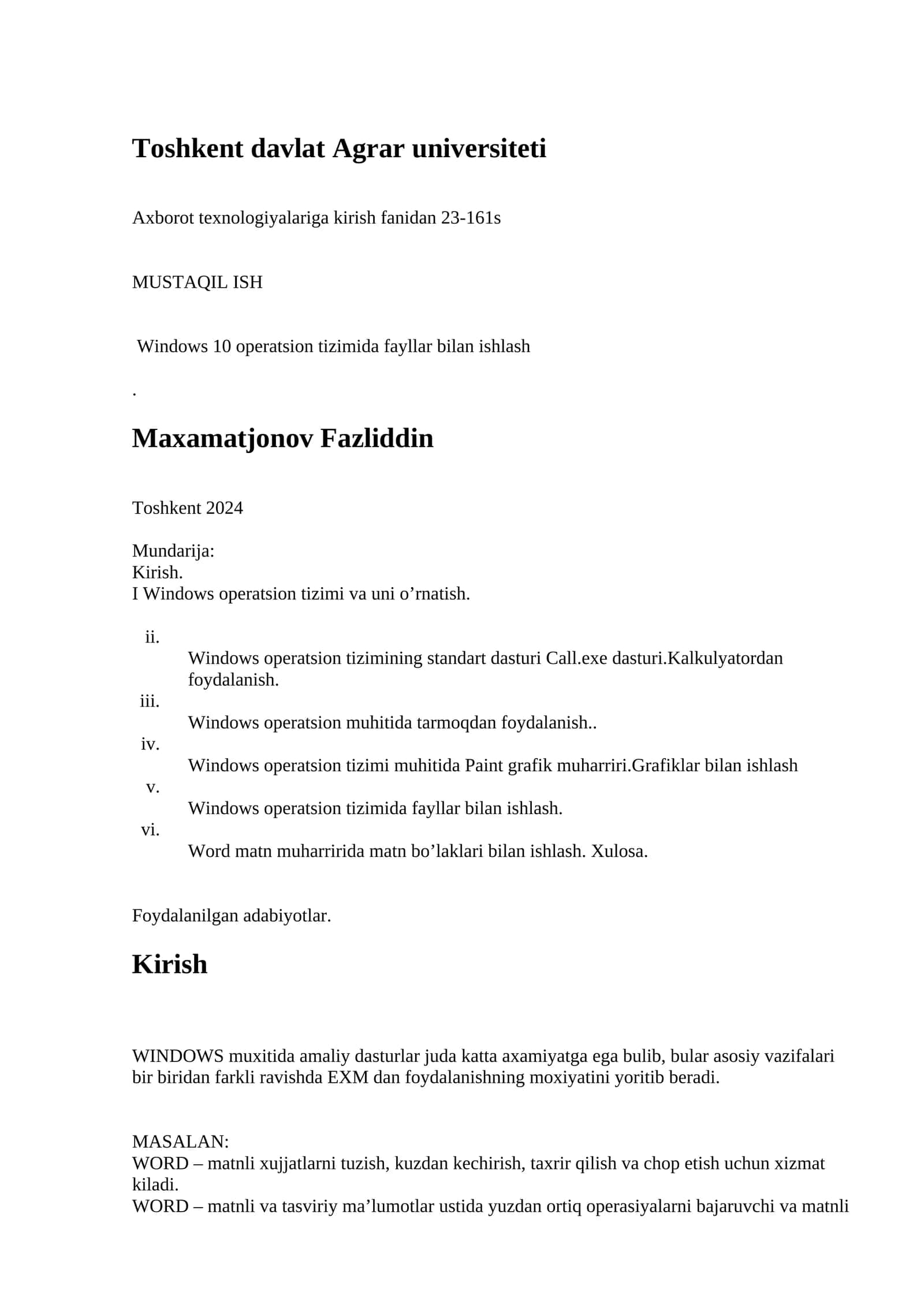 Axborot texnologiyalariga kirish fanidan 23-161s