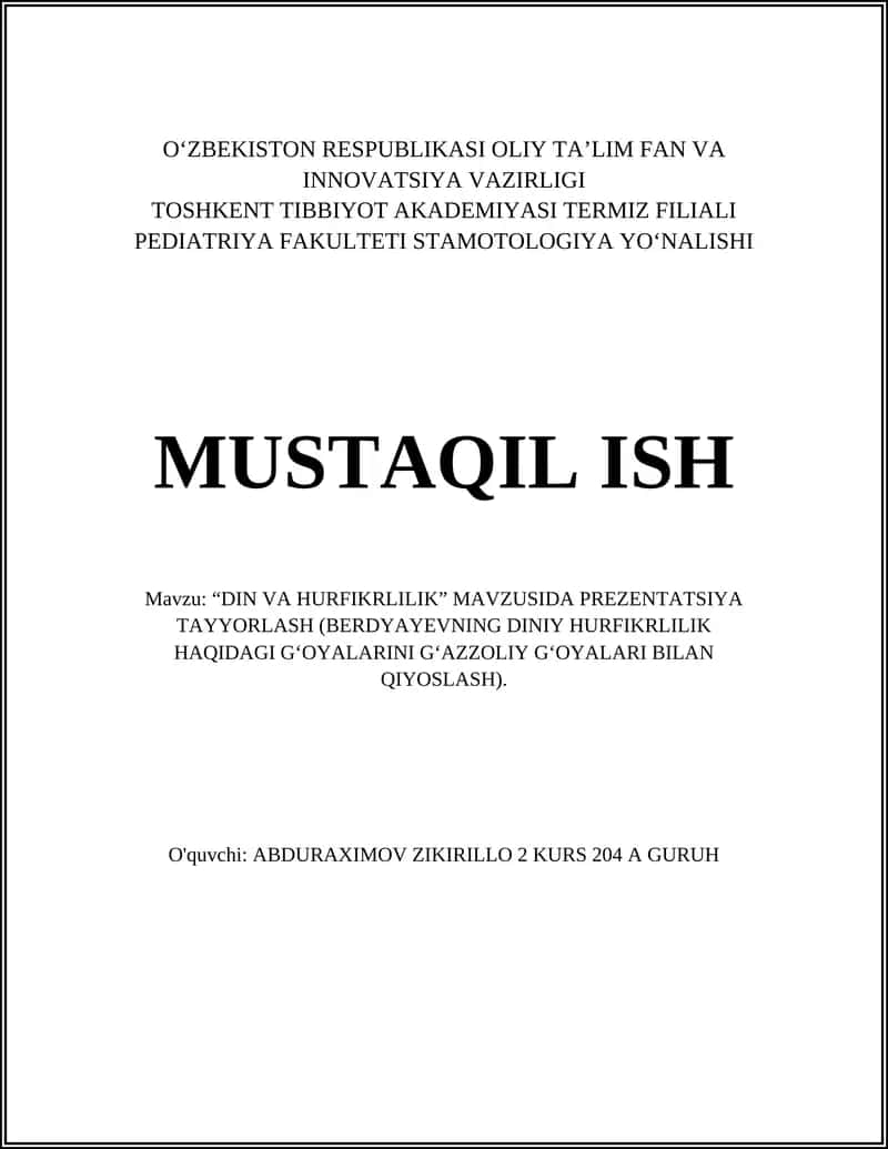 "DIN VA HURFIKRLILIK" MAVZUSIDA PREZENTATSIYA TAYYORLASH