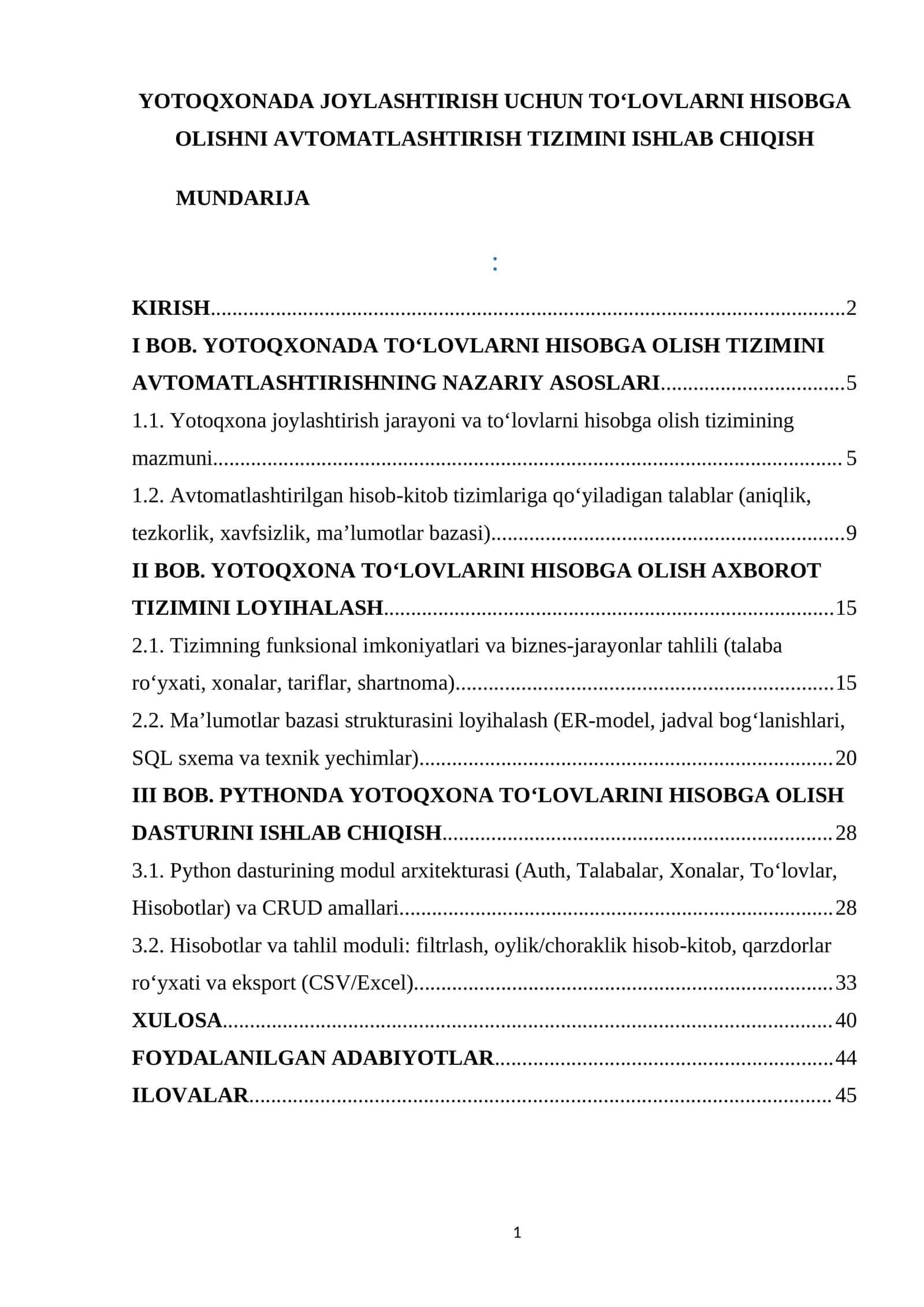 Yotoqxonada Joylashtirish Uchun To'lovlarni Hisobga Olishni Avtomatlashtirish Tizimini Ishlab Chiqish
