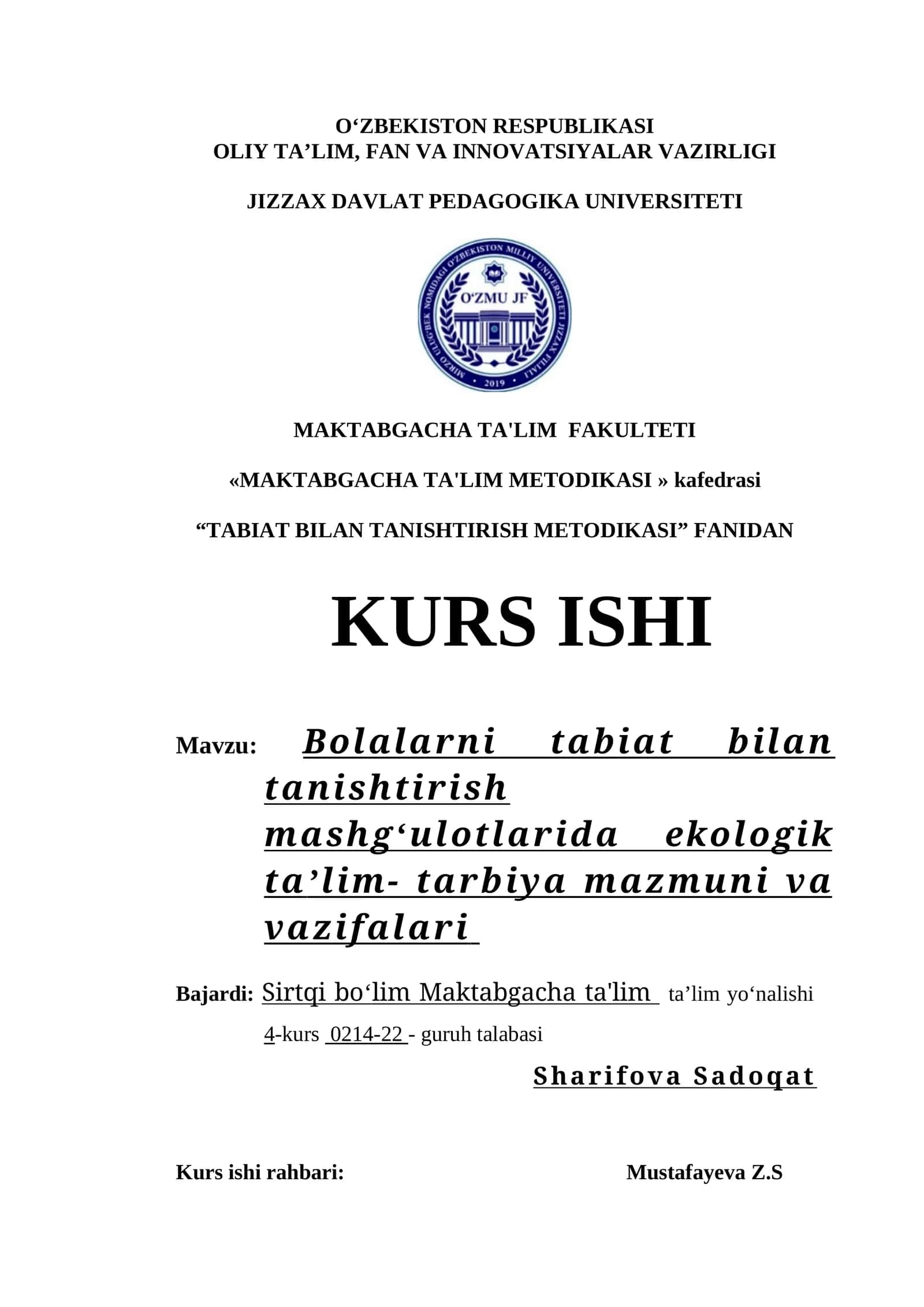 Bolalarni tabiat bilan tanishtirish mashgʻulotlarida ekologik taʼlim- tarbiya mazmuni va vazifalari