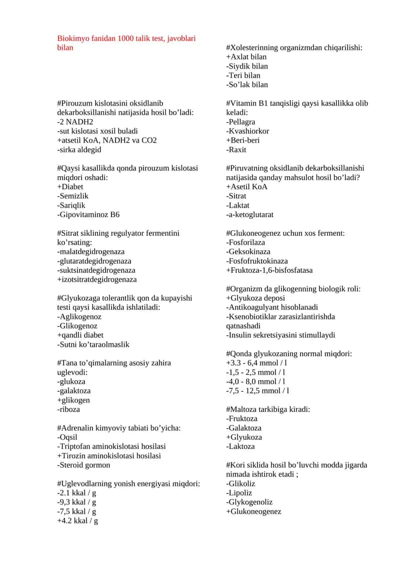 Biokimyo fanidan 1000 talik test, javoblari bilan