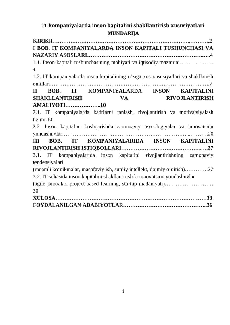 IT kompaniyalarda inson kapitalini shakllantirish xususiyatlari