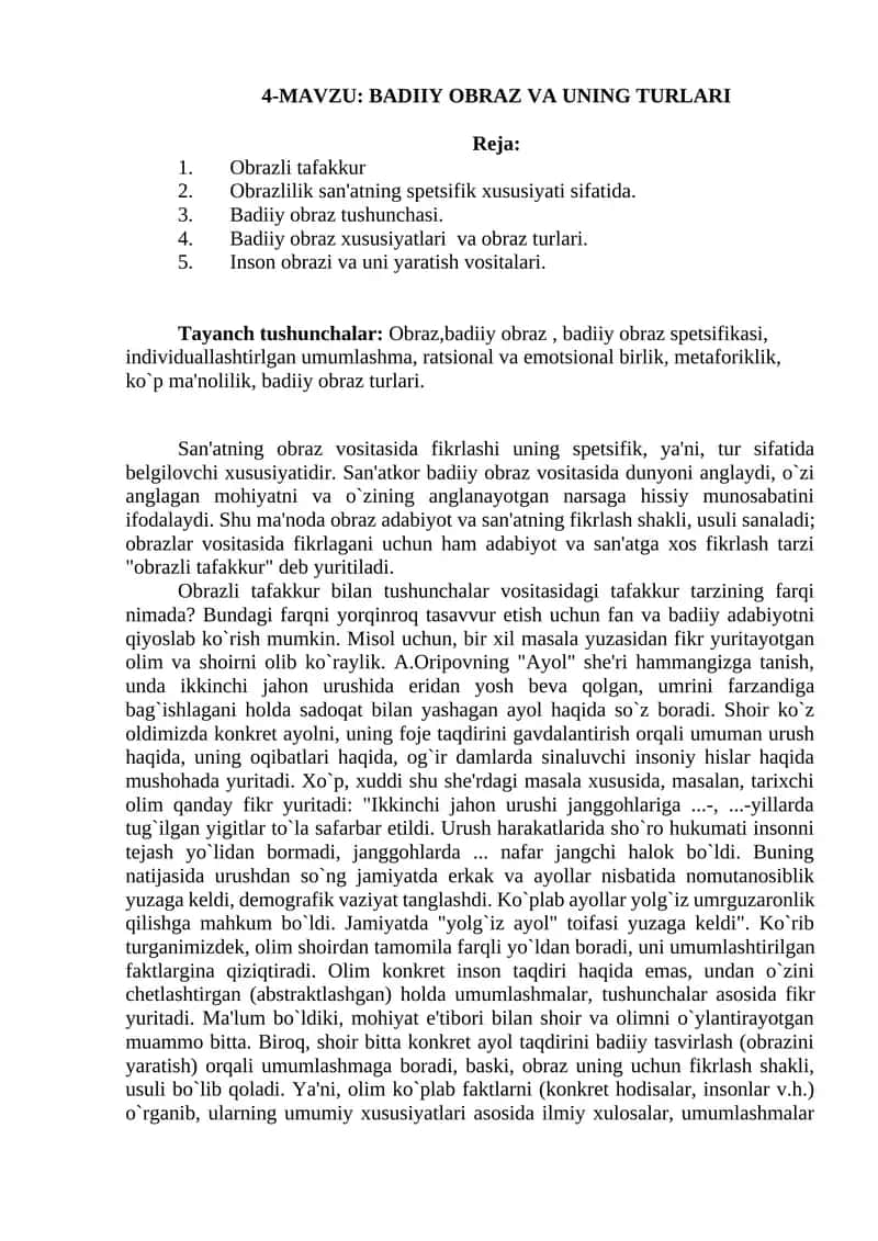 BADIIY OBRAZ VA UNING TURLARI