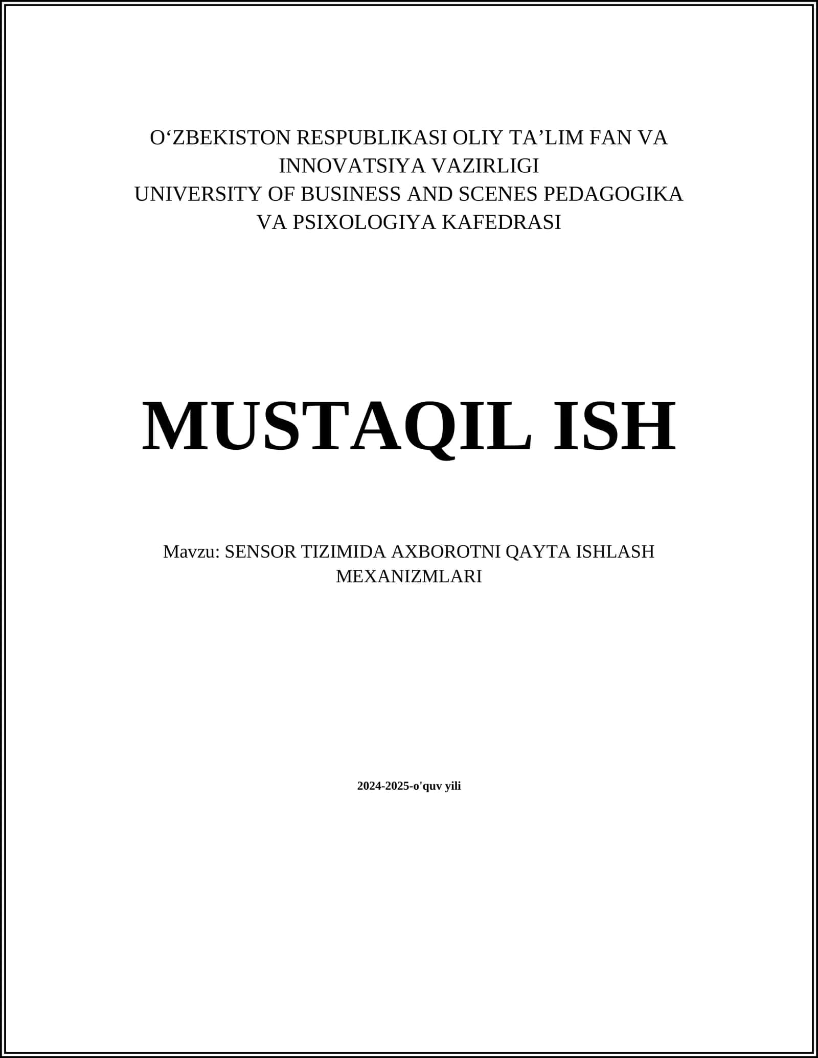SENSOR TIZIMIDA AXBOROTNI QAYTA ISHLASH MEXANIZMLARI