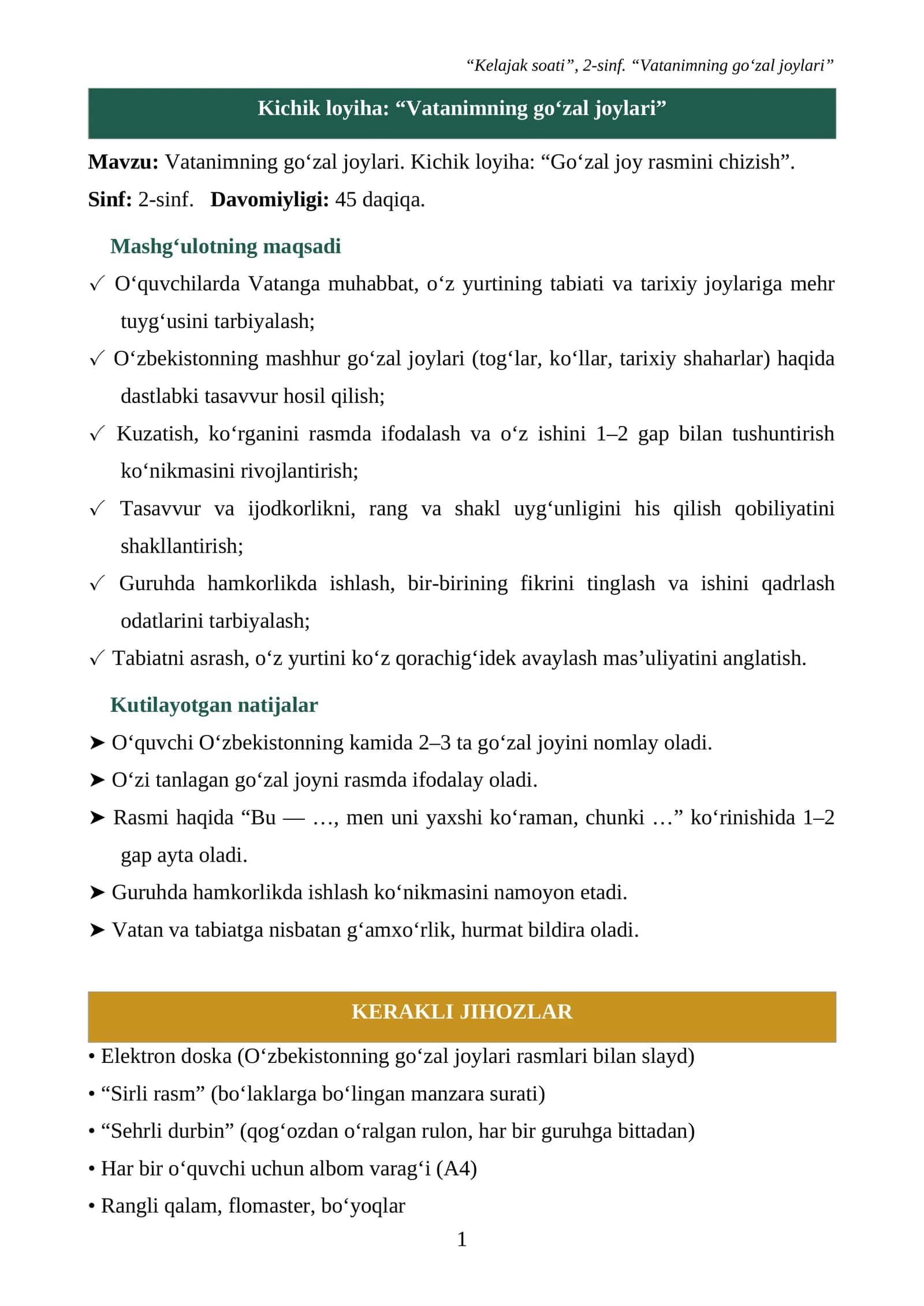 Kelajak soati fanidan: Vatanimning go‘zal joylari. Dars ishlanma