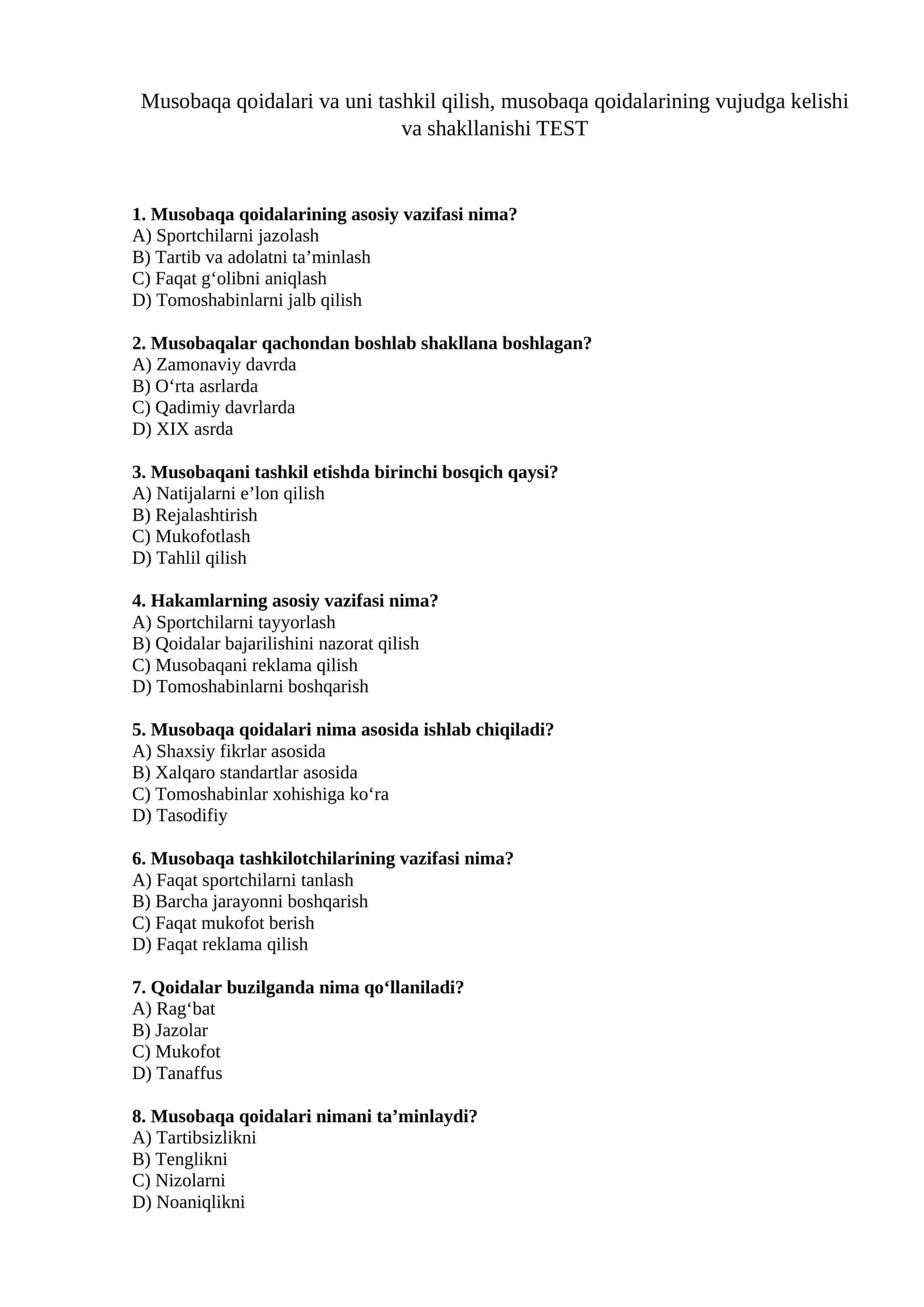 Musobaqa qoidalari va ularni tashkil etish