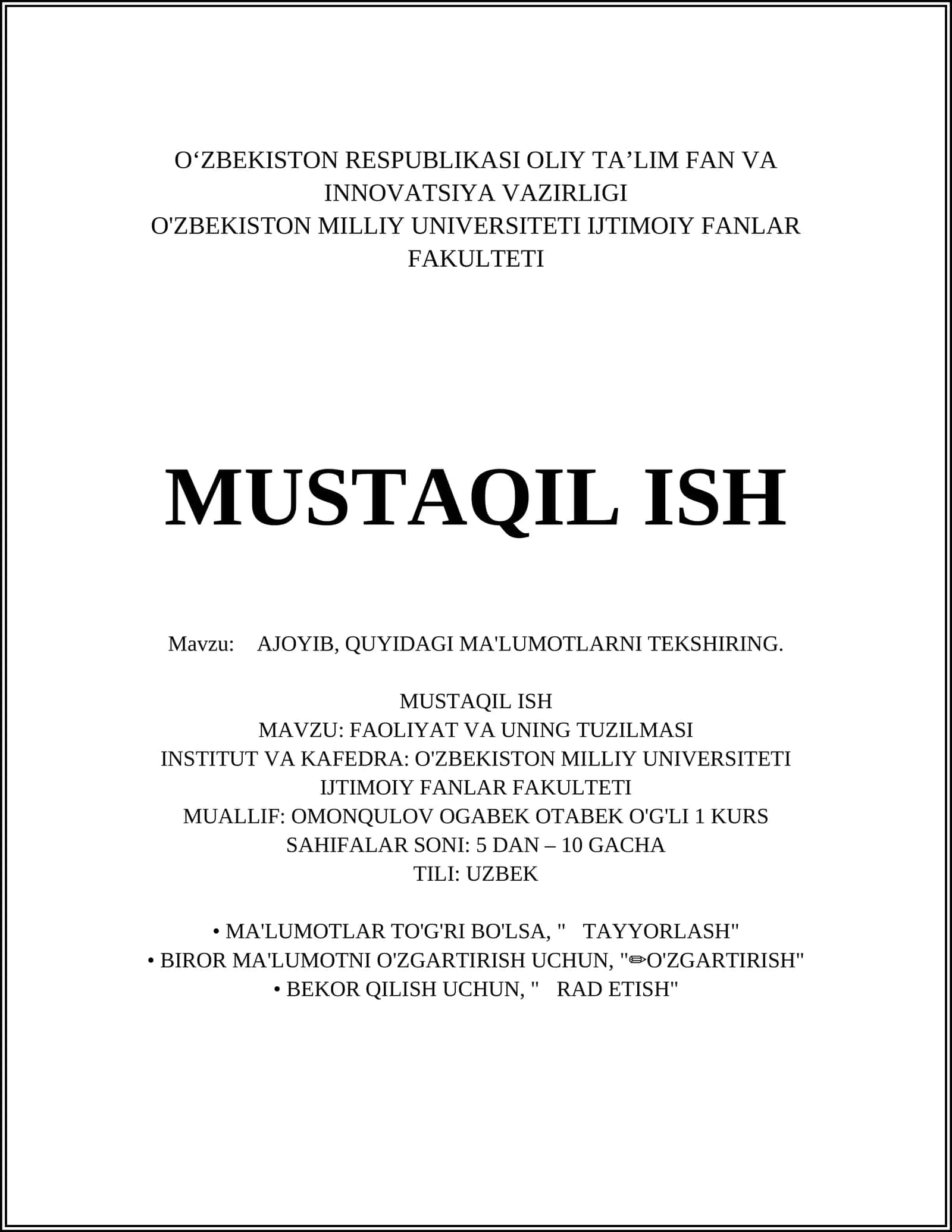 FAOLIYAT VA UNING TUZILMASI