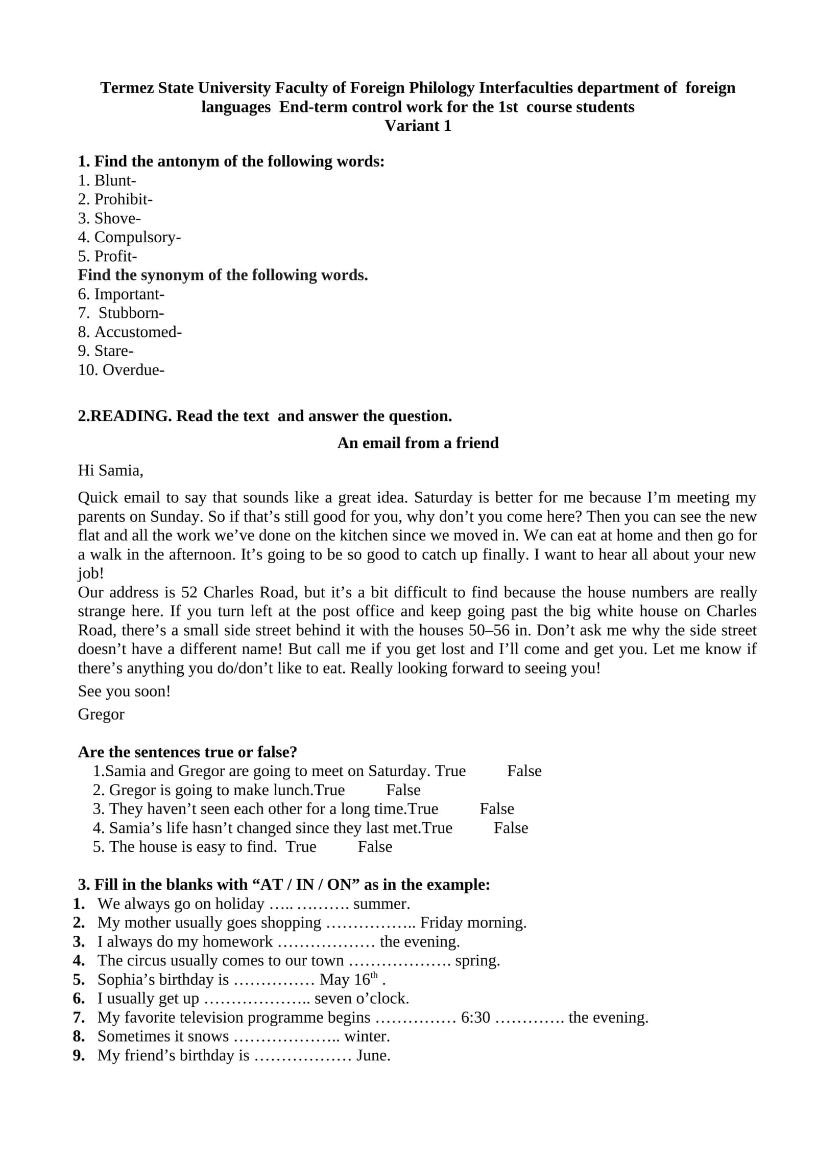 End-term control work for the 1st course students