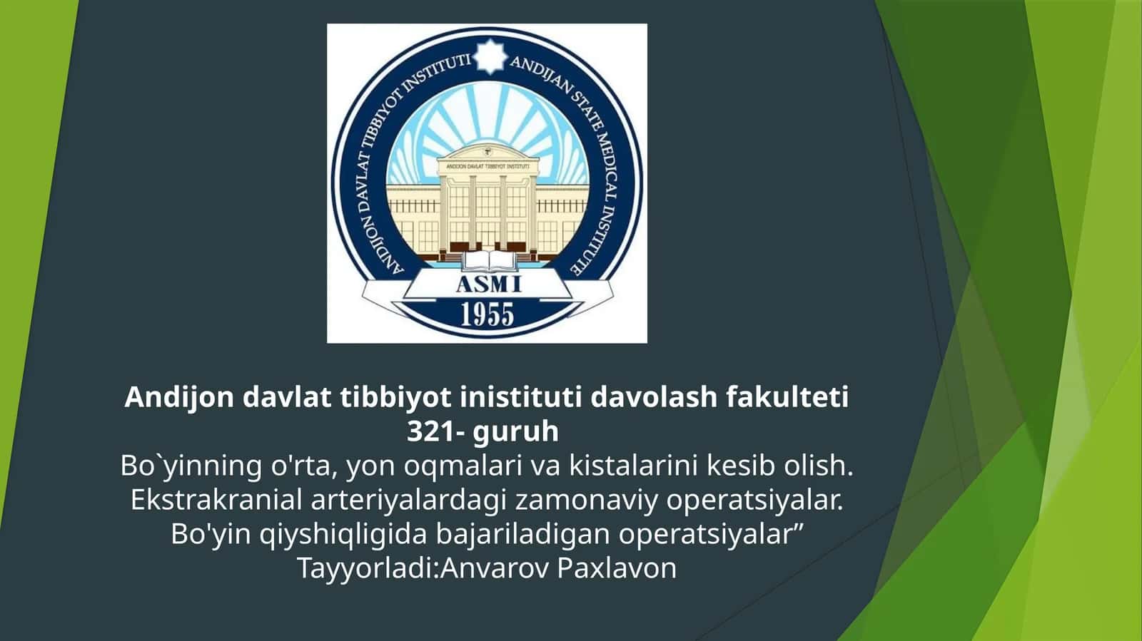 Bo`yinning o'rta, yon oqmalari va kistalarini kesib olish. Ekstrakranial arteriyalardagi zamonaviy operatsiyalar. Bo'yin qiyshiqligida bajariladigan operatsiyalar”