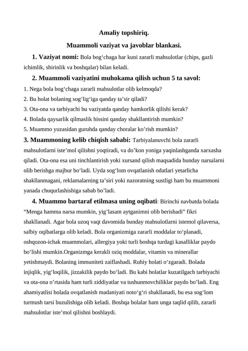 Muammoli vaziyat va javoblar blankasi.