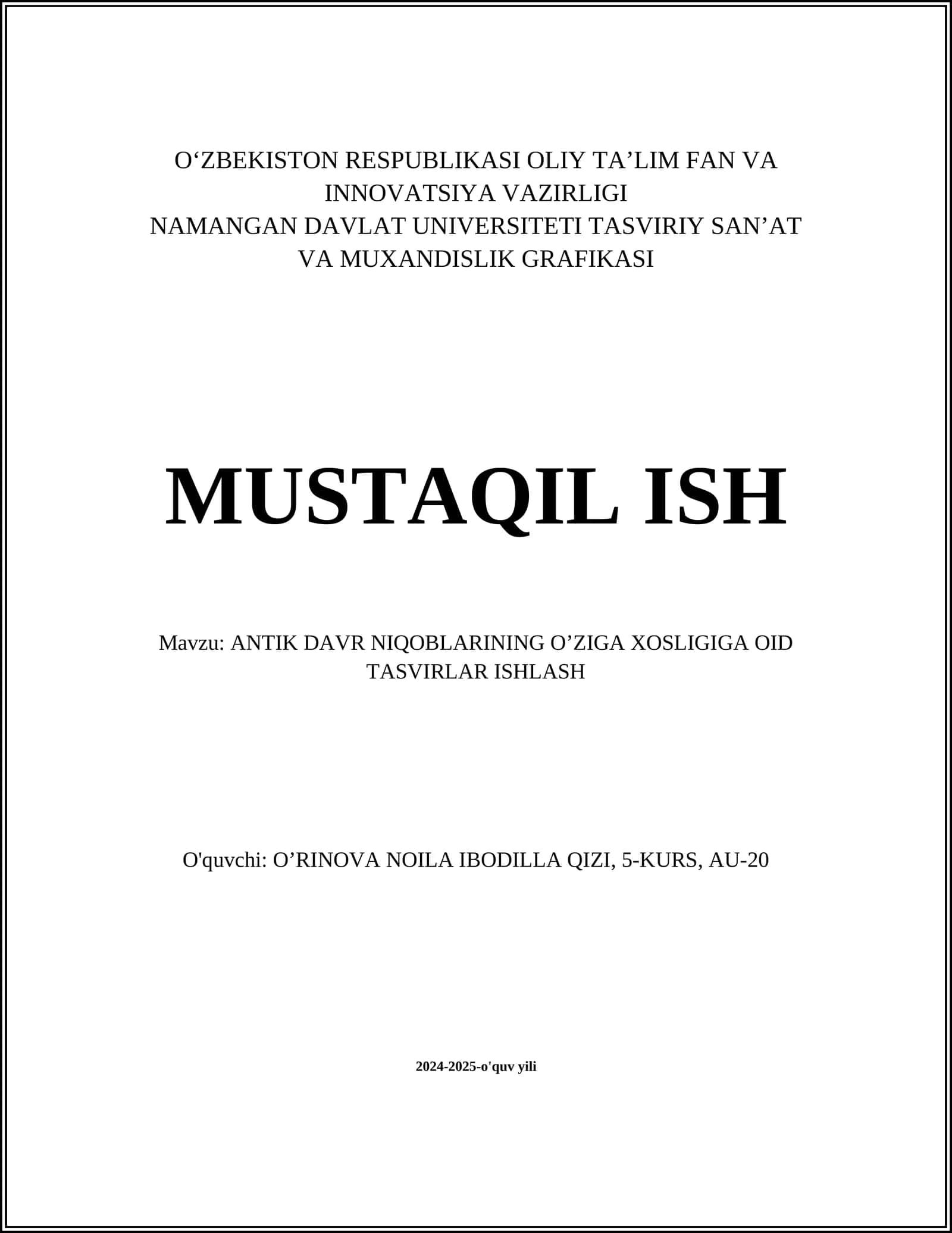 ANTIK DAVR NIQOBLARINING O’ZIGA XOSLIGIGA OID TASVIRLAR ISHLASH