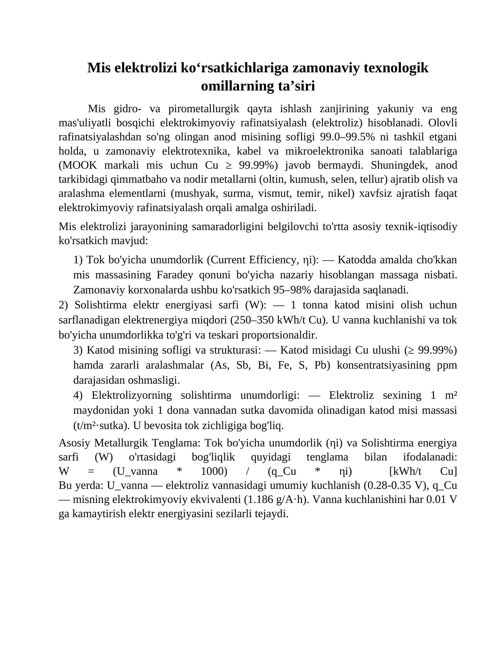Mis elektrolizi ko‘rsatkichlari