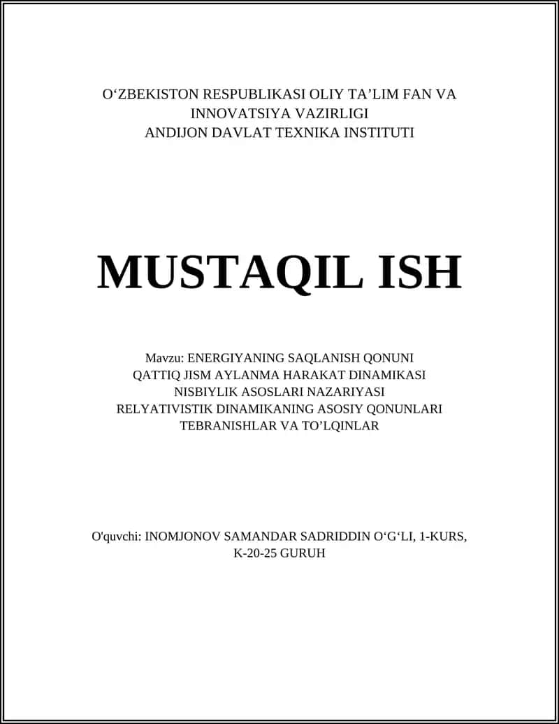 ENERGIYANING SAQLANISH QONUNI