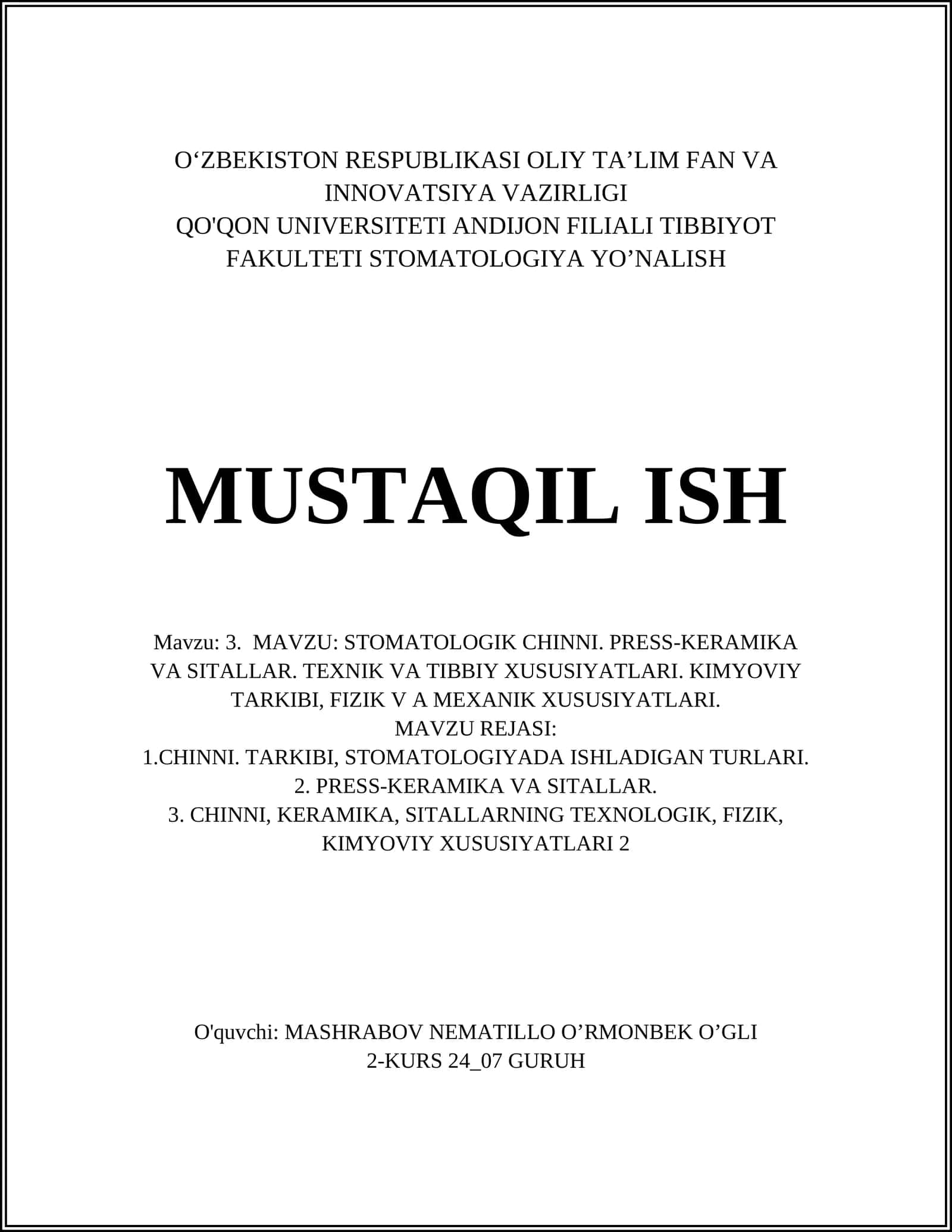 STOMATOLOGIK CHINNI. PRESS-KERAMIKA VA SITALLAR