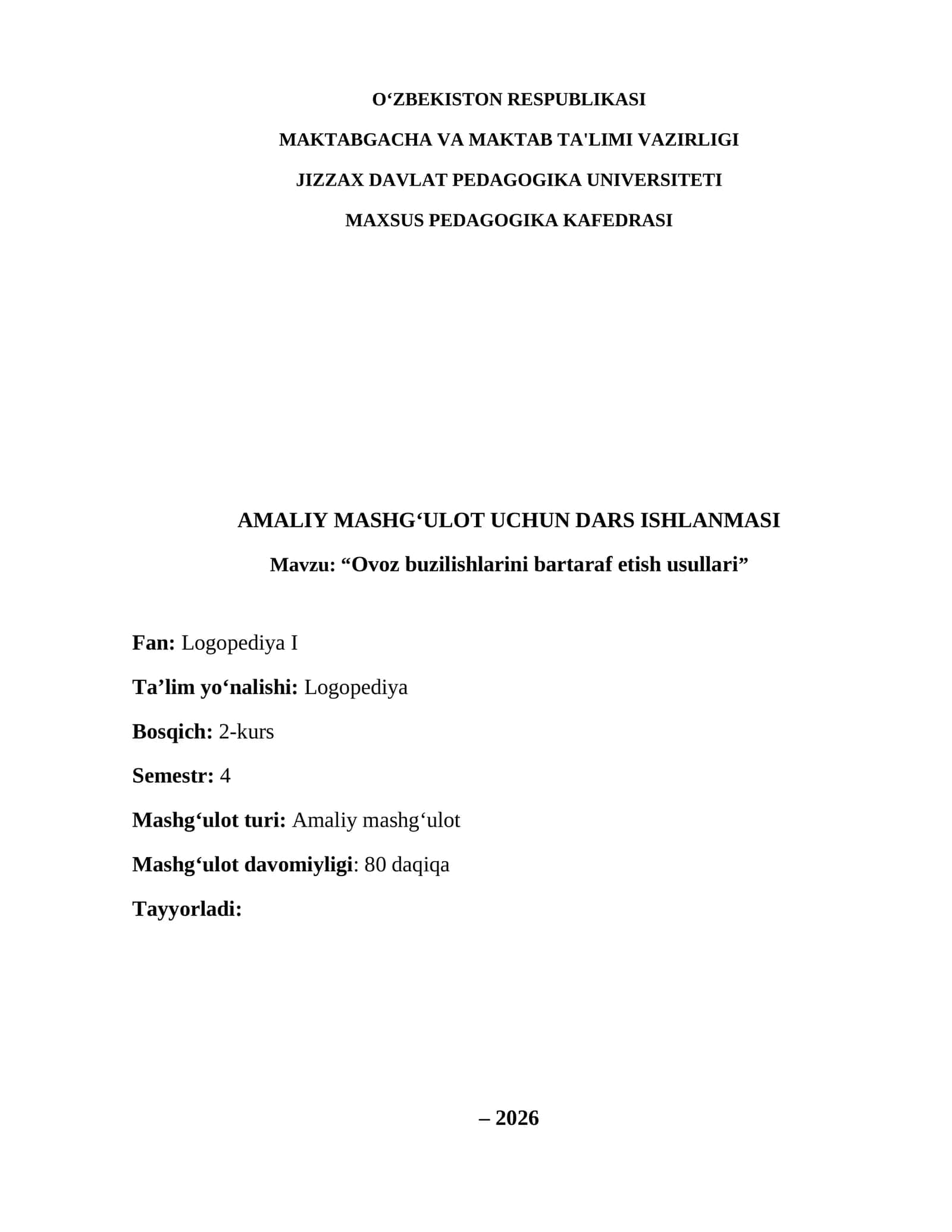 "Amaliy mashg‘ulot uchun dars ishlanmasi"