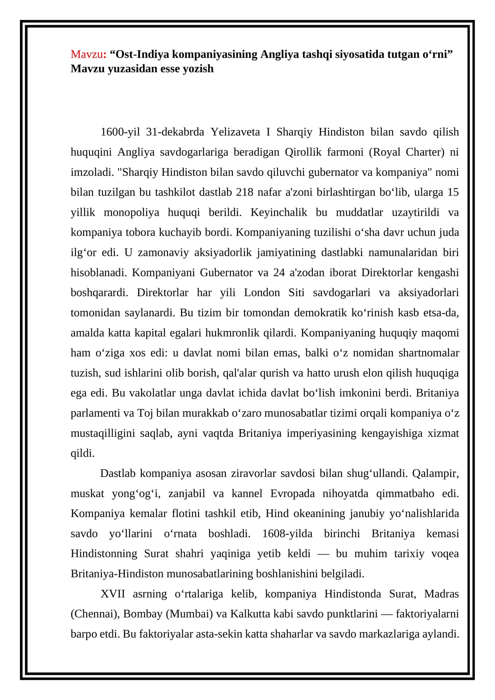 Ost-Indiya kompaniyasining Angliya tashqi siyosatida tutgan o‘rni Mavzu yuzasidan esse yozish