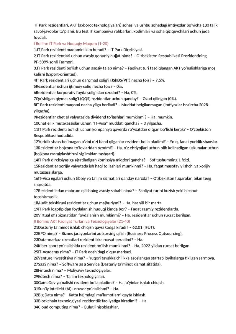 AKT sohasi va IT Park rezidentlari bo‘yicha savol-javoblar to‘plami