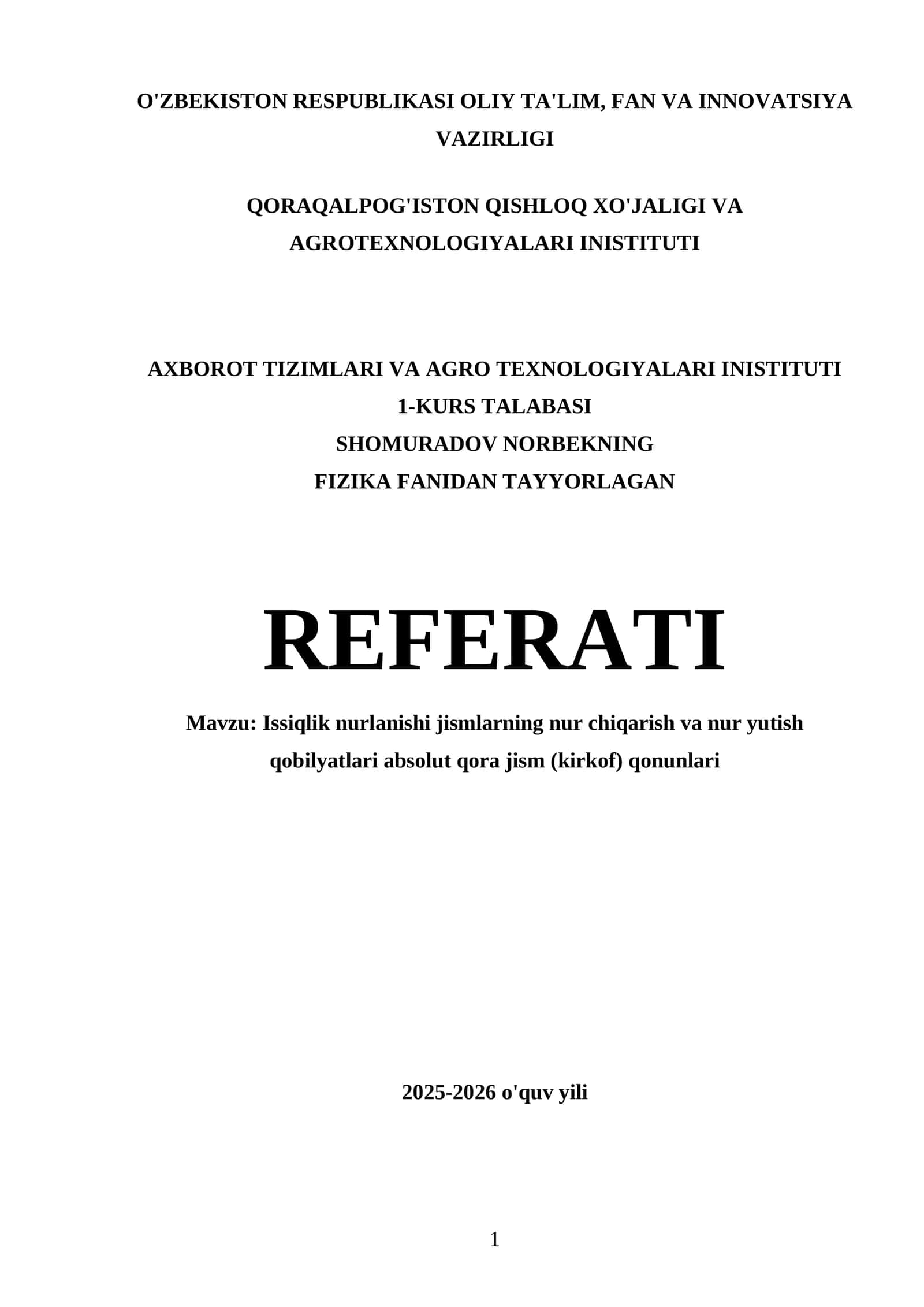 1-KURS TALABASI FIZIKA FANIDAN TAYYORLAGAN REFERATI