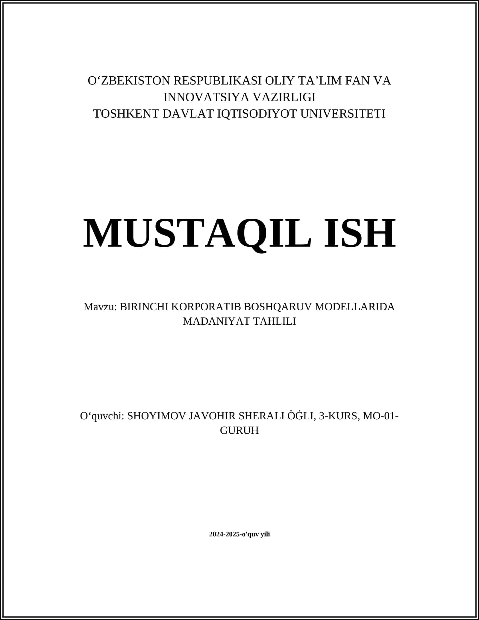 BIRINCHI KORPORATIB BOSHQARUV MODELLARIDA MADANIYAT TAHLILI
