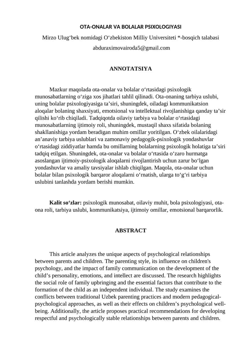 OTA-ONALAR VA BOLALAR PSIXOLOGIYASI
