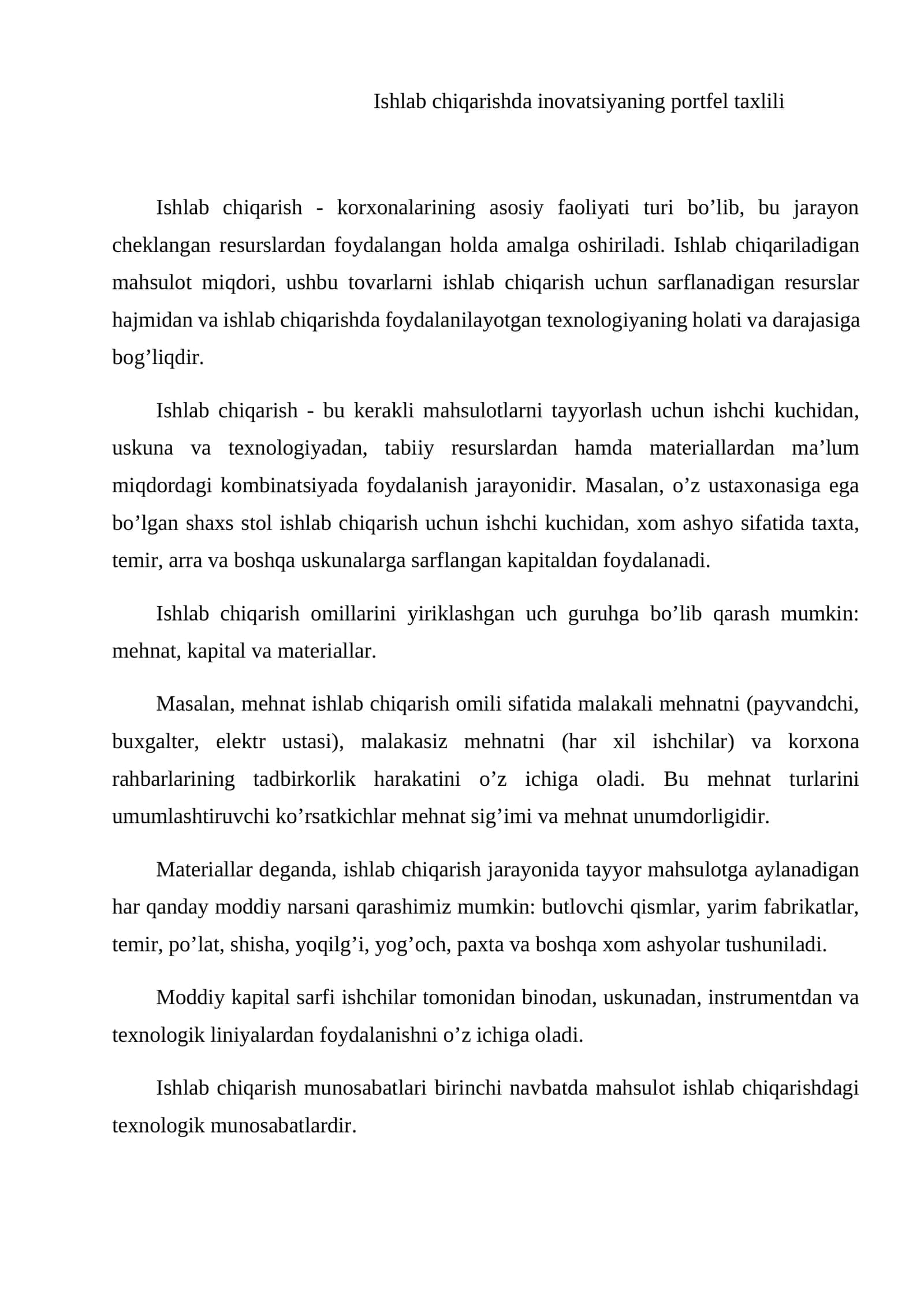 Ishlab chiqarishda innovatsiyaning portfel tahlili