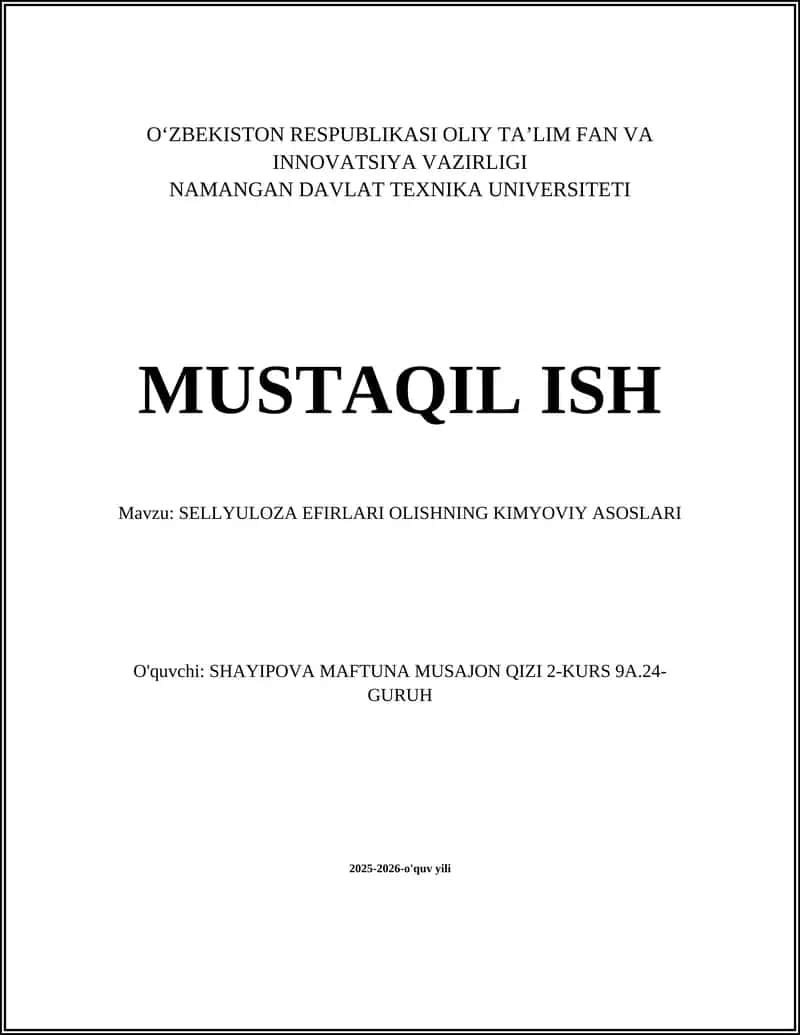 SELLYULOZA EFIRLARI OLISHNING KIMYOVIY ASOSLARI