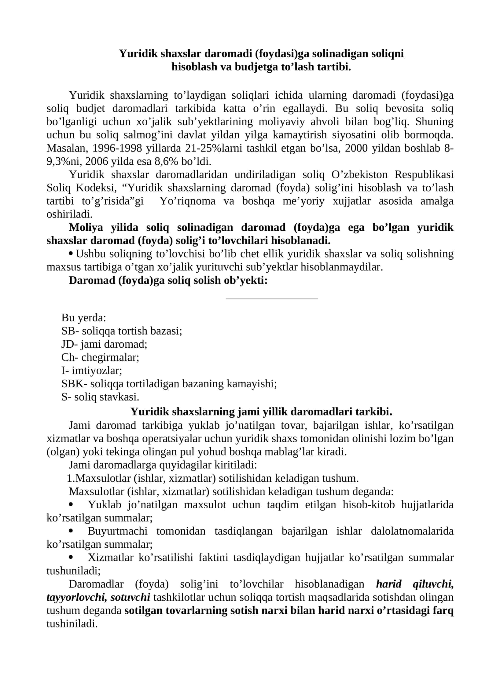 Yuridik shaxslar daromadi (foydasi)ga solinadigan soliqni hisoblash va budjetga to’lash tartibi