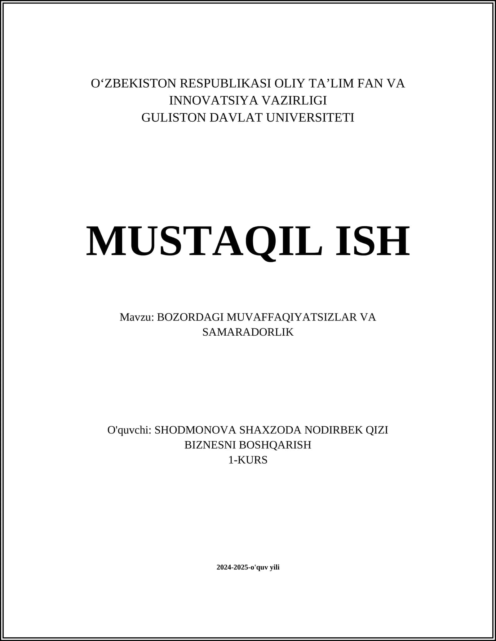 BOZORDAGI MUVAFFAQIYATSIZLAR VA SAMARADORLIK