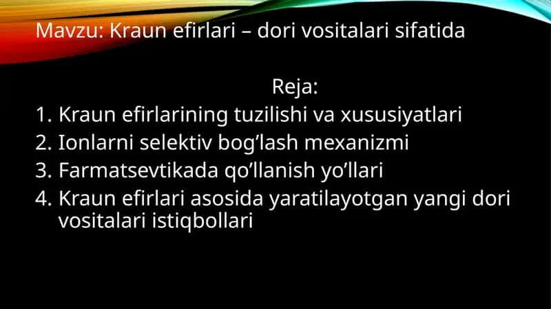 Kraun efirlari – dori vositalari sifatida
