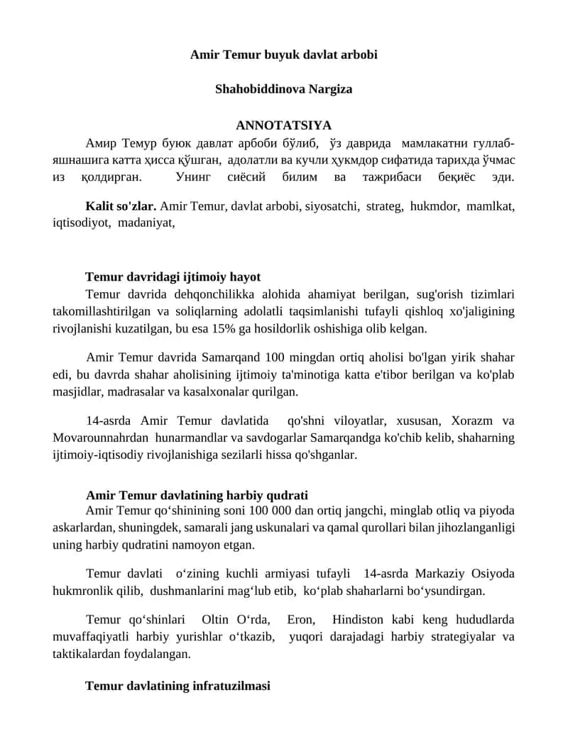 Amir Temur buyuk davlat arbobi