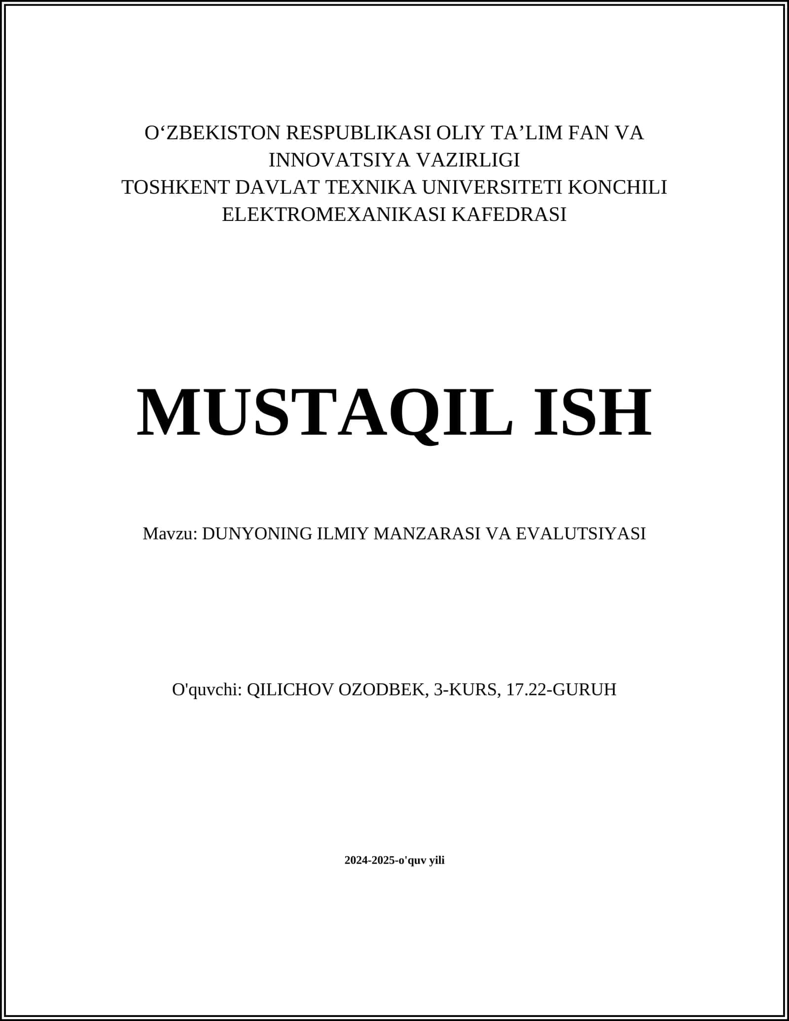 DUNYONING ILMIY MANZARASI VA EVALUTSIYASI