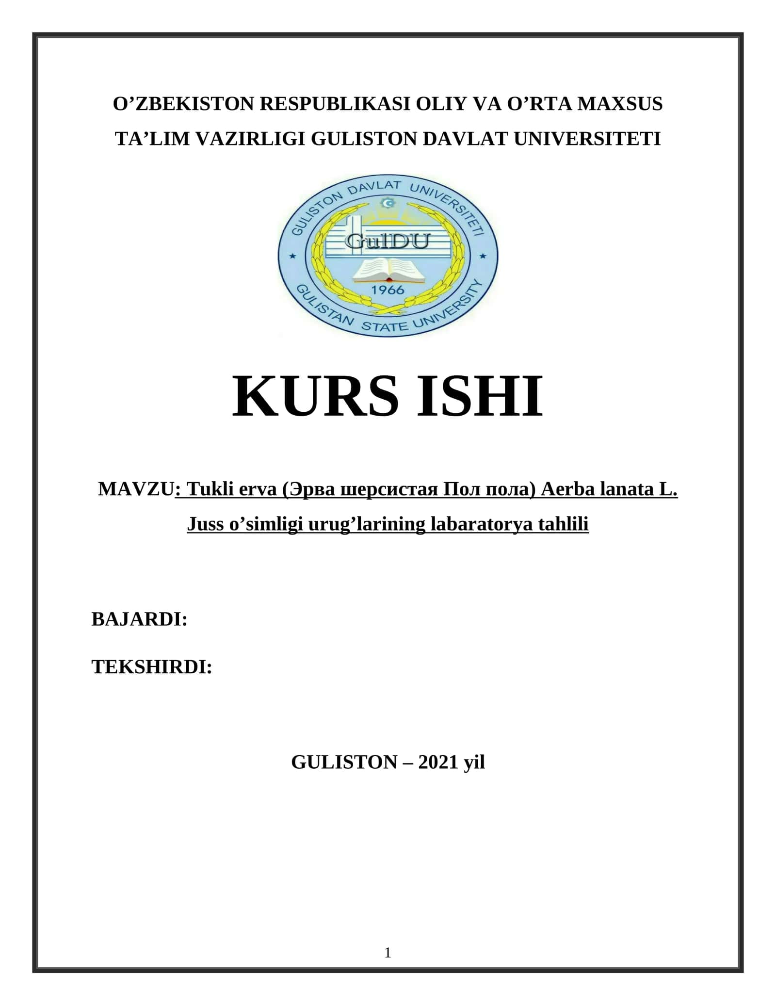 Tukli erva (Эрва шерсистая Пол пола) Aerba lanata L. Juss o’simligi urug’larining labaratorya tahlili