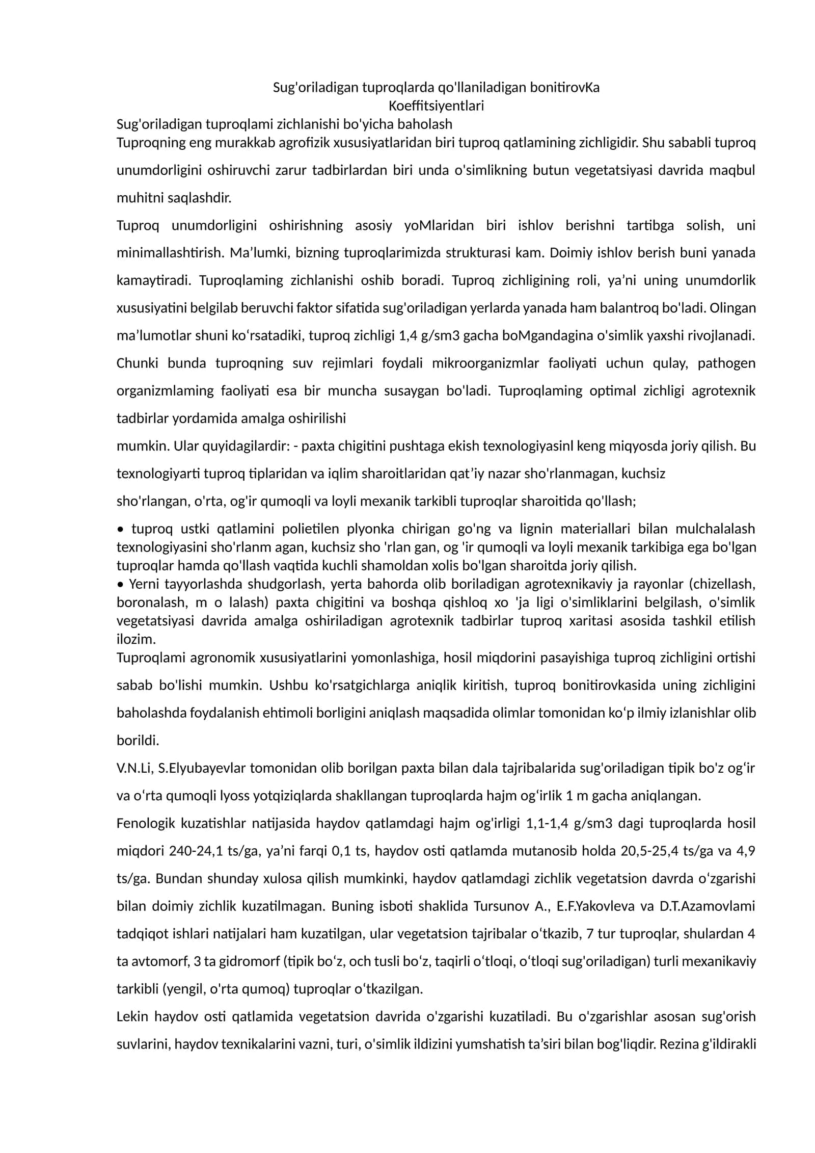 Sug'oriladigan tuproqlarda qo'llaniladigan bonitirovKa