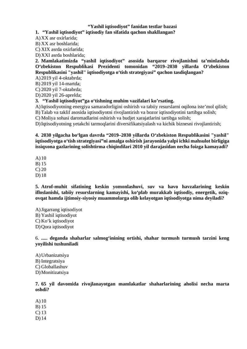 Yashil iqtisodiyot fanidan testlar yakuniy nazorat uchun bazasi